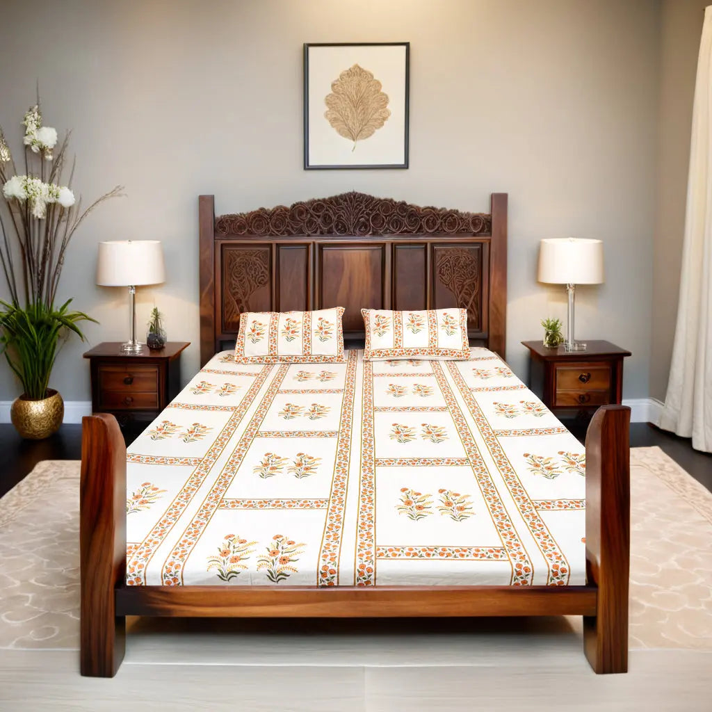 Handmade King Size Jaipuri Block Print Bedsheet with Orange Floral Grid SUKHARA HOME and LIFESTYLE