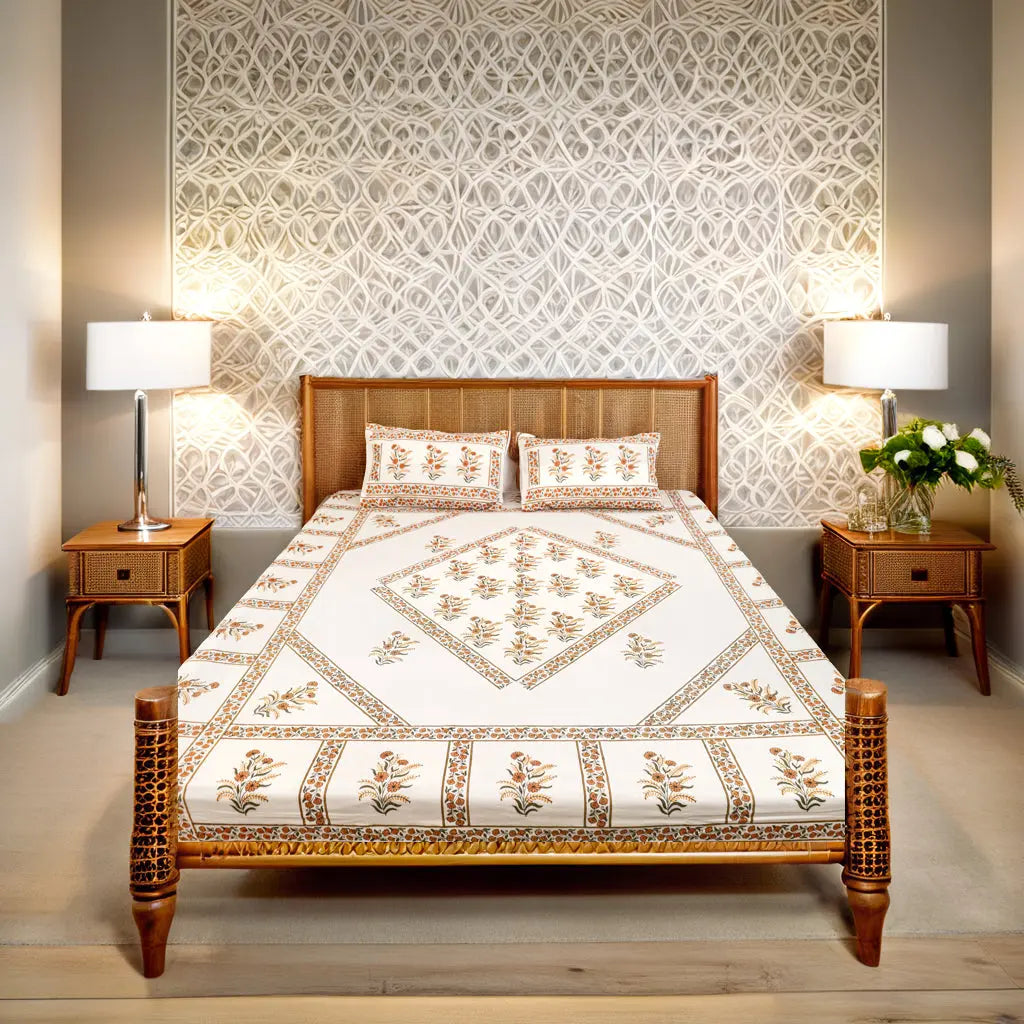 Handmade King Size Jaipuri Block Print Bedsheet with Floral Diamond Motif Sukhara