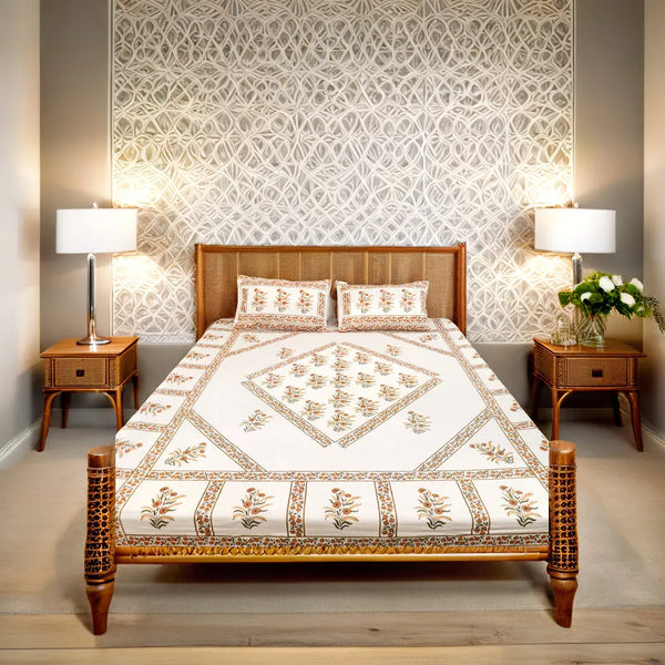 Handmade King Size Jaipuri Block Print Bedsheet with Floral Diamond Motif Sukhara