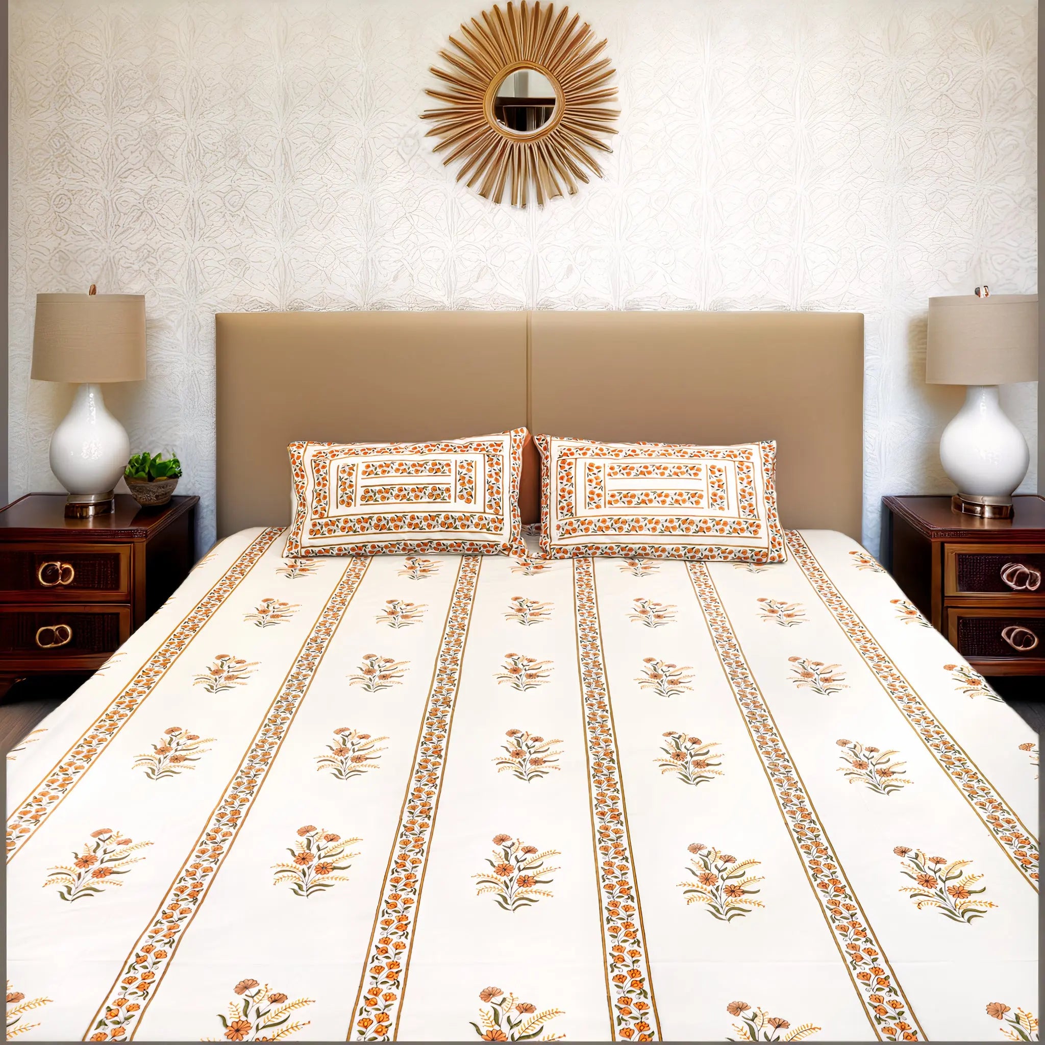 Handmade Queen Size Jaipuri Block Print Bedsheet with Orange Floral Stripes SUKHARA HOME and LIFESTYLE