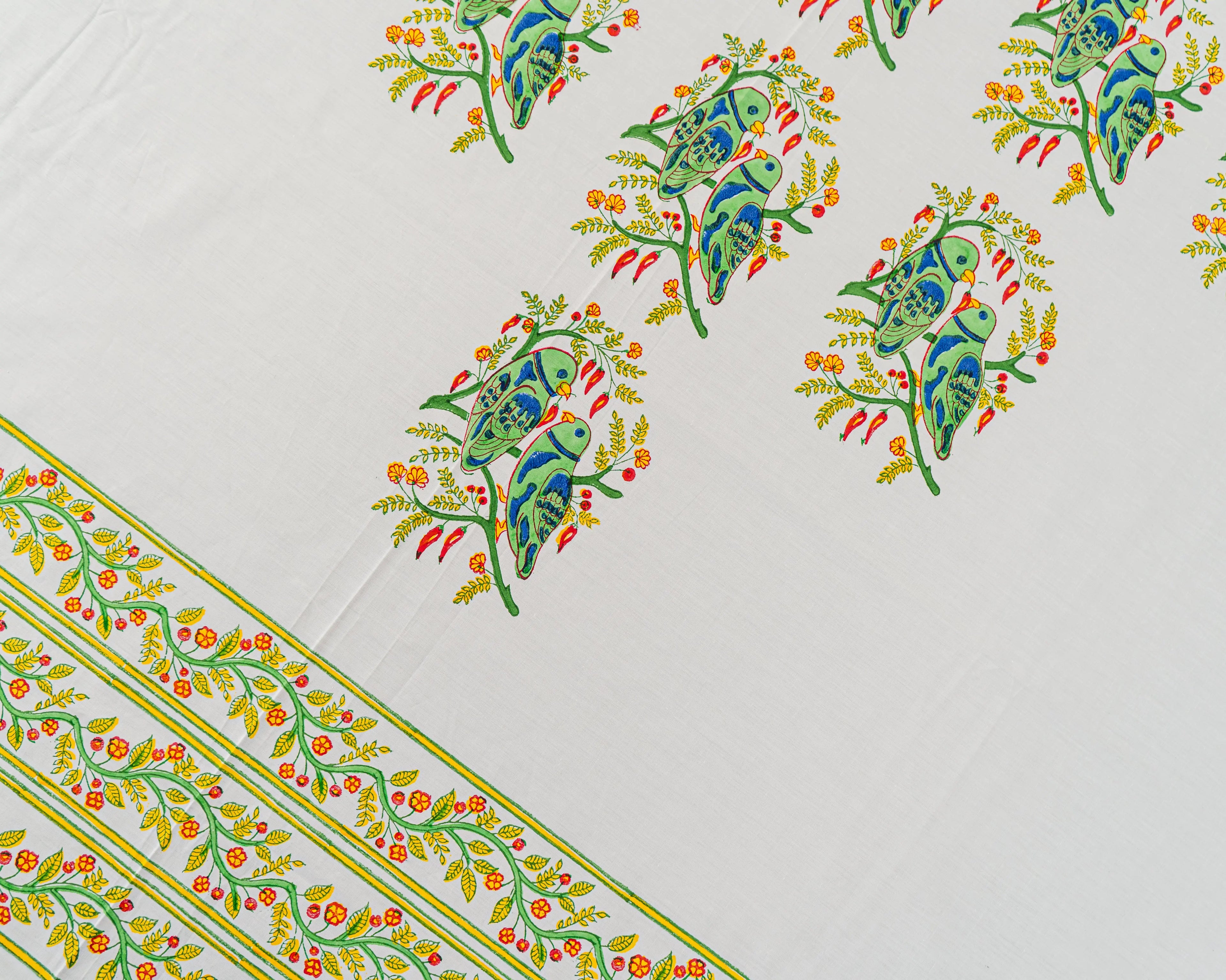 Handmade King Size Block Print Cotton Bedsheet with Parrot Motifs Sukhara