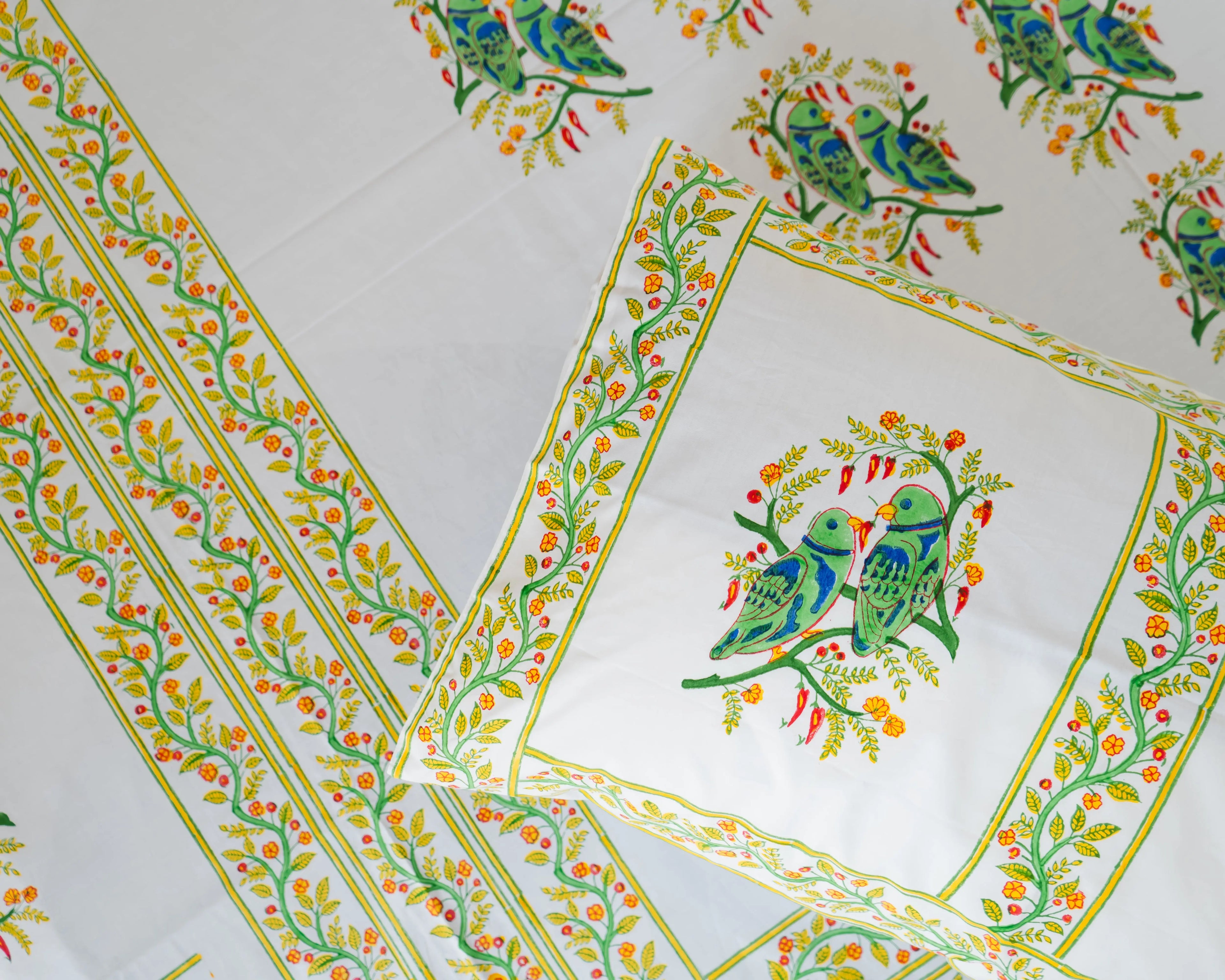 Handmade King Size Block Print Cotton Bedsheet with Parrot Motifs Sukhara