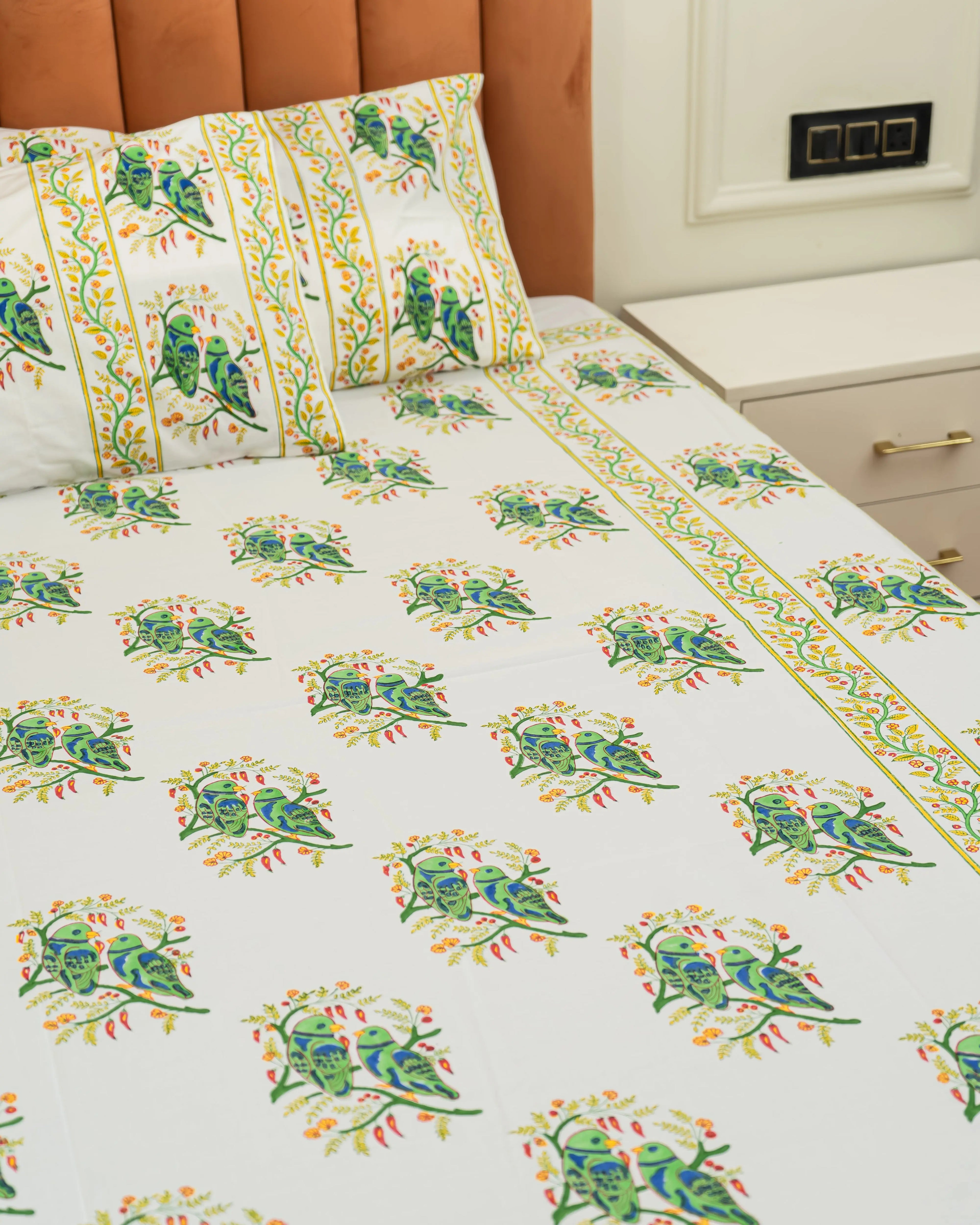 Handmade Queen Size Block Print Cotton Bedsheet with Parrot Motifs Sukhara