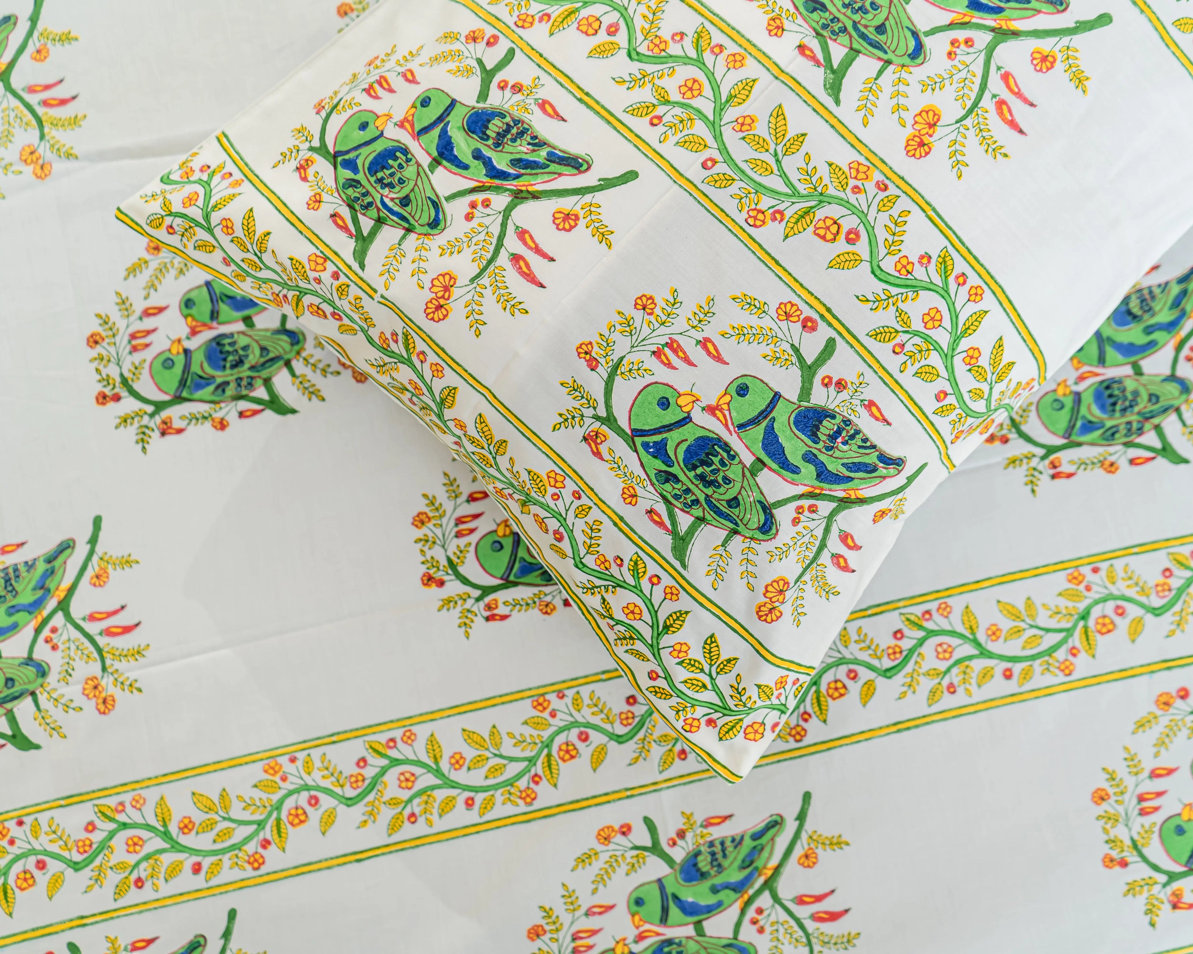 Handmade Queen Size Block Print Cotton Bedsheet with Parrot Motifs Sukhara