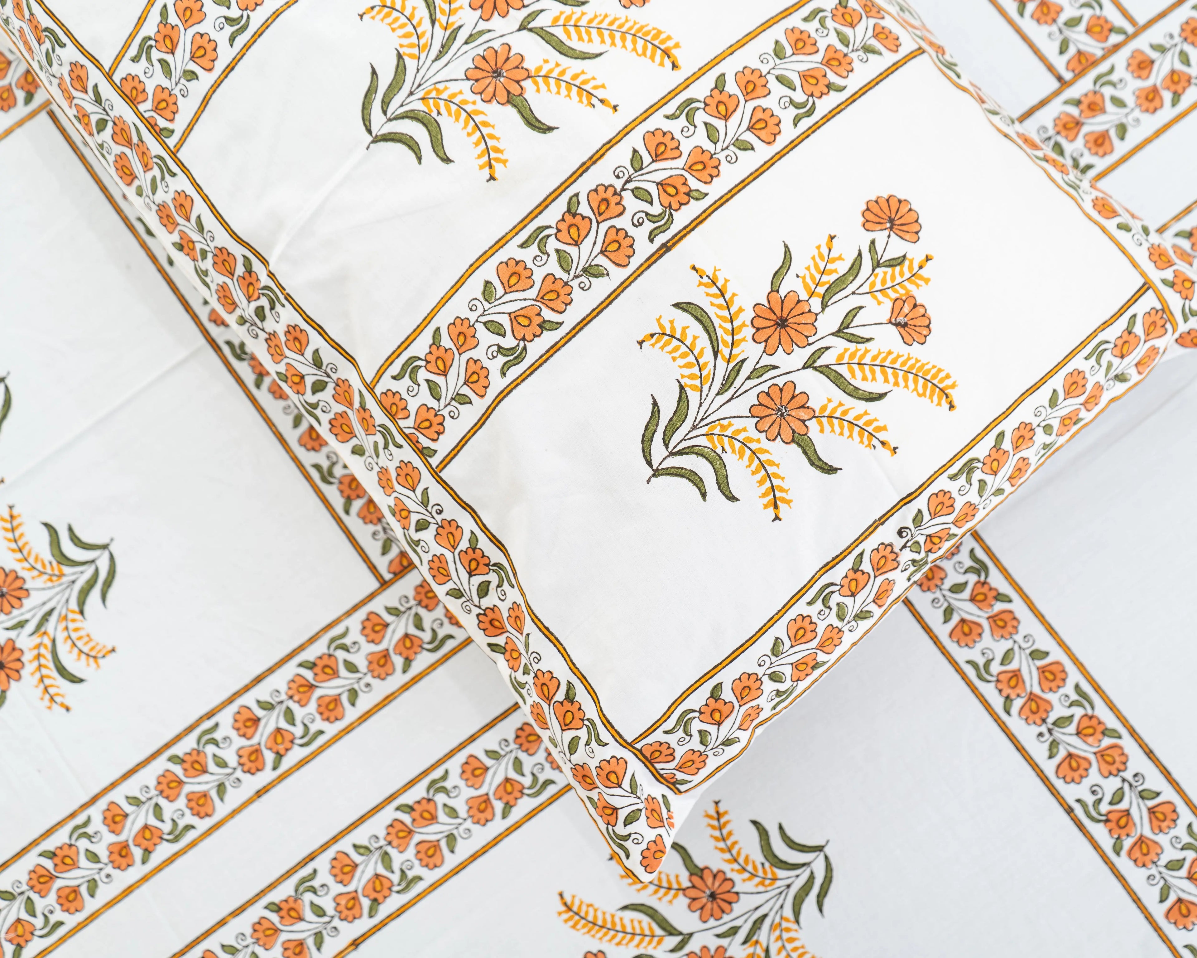 Handmade King Size Jaipuri Block Print Bedsheet with Orange Floral Grid SUKHARA HOME and LIFESTYLE