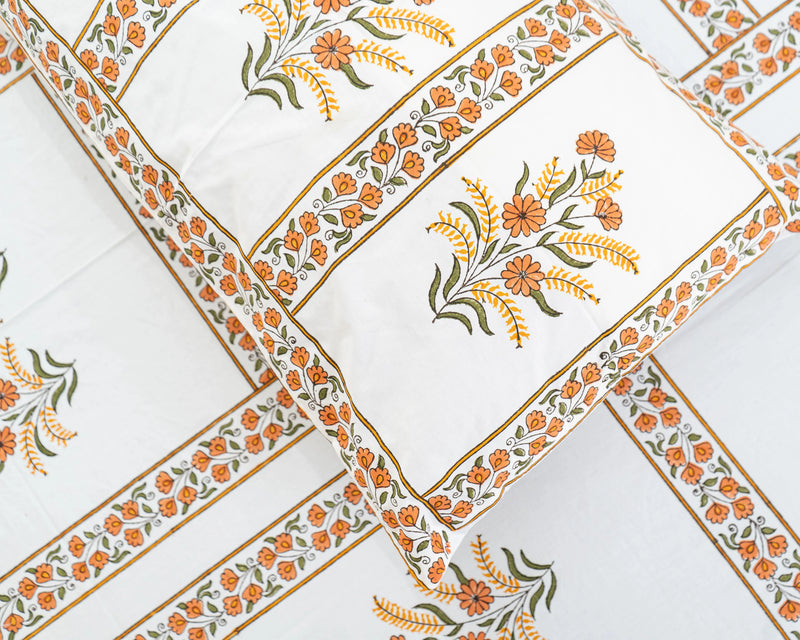 Handmade King Size Jaipuri Block Print Bedsheet with Orange Floral Grid SUKHARA HOME and LIFESTYLE