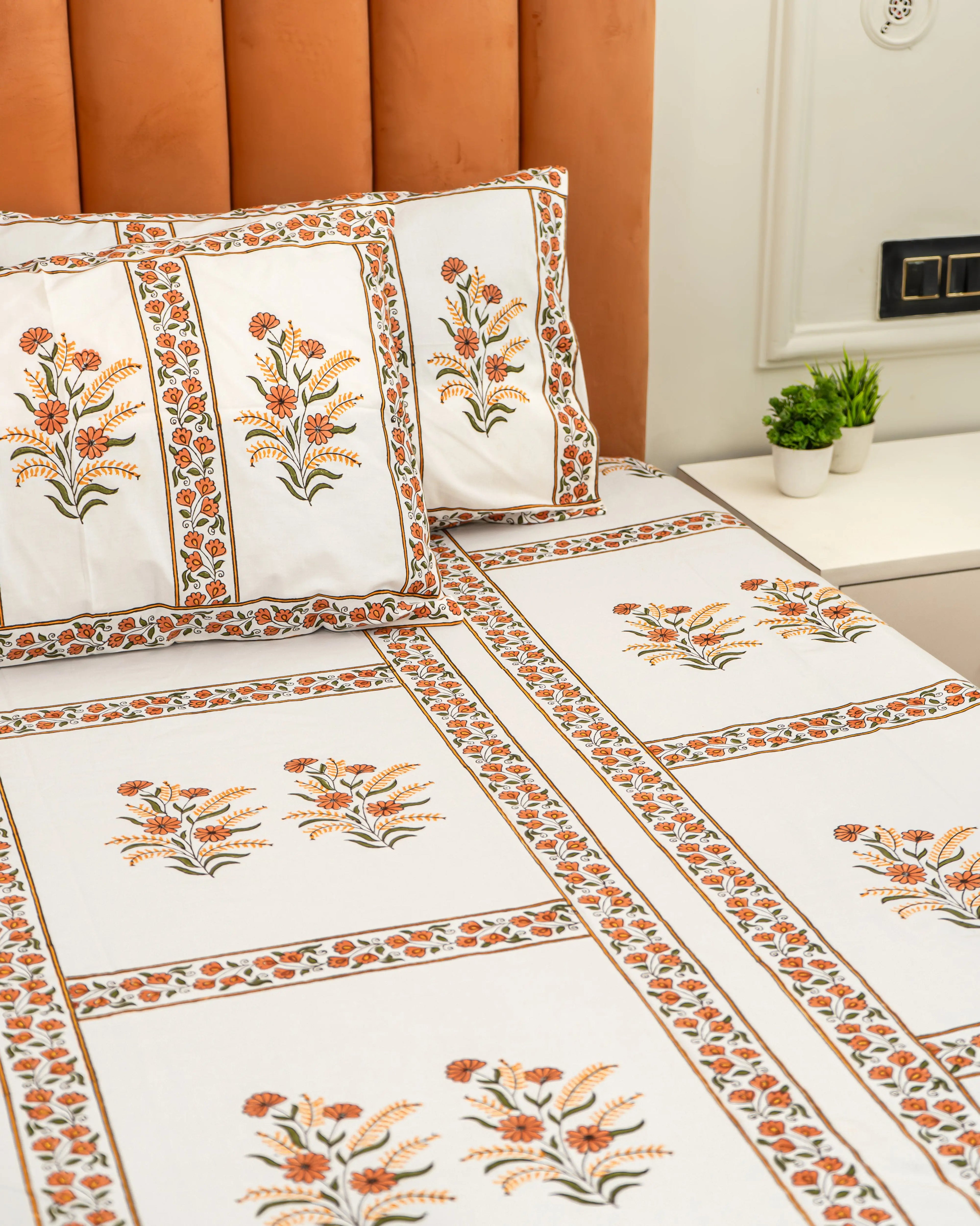 Handmade King Size Jaipuri Block Print Bedsheet with Orange Floral Grid SUKHARA HOME and LIFESTYLE