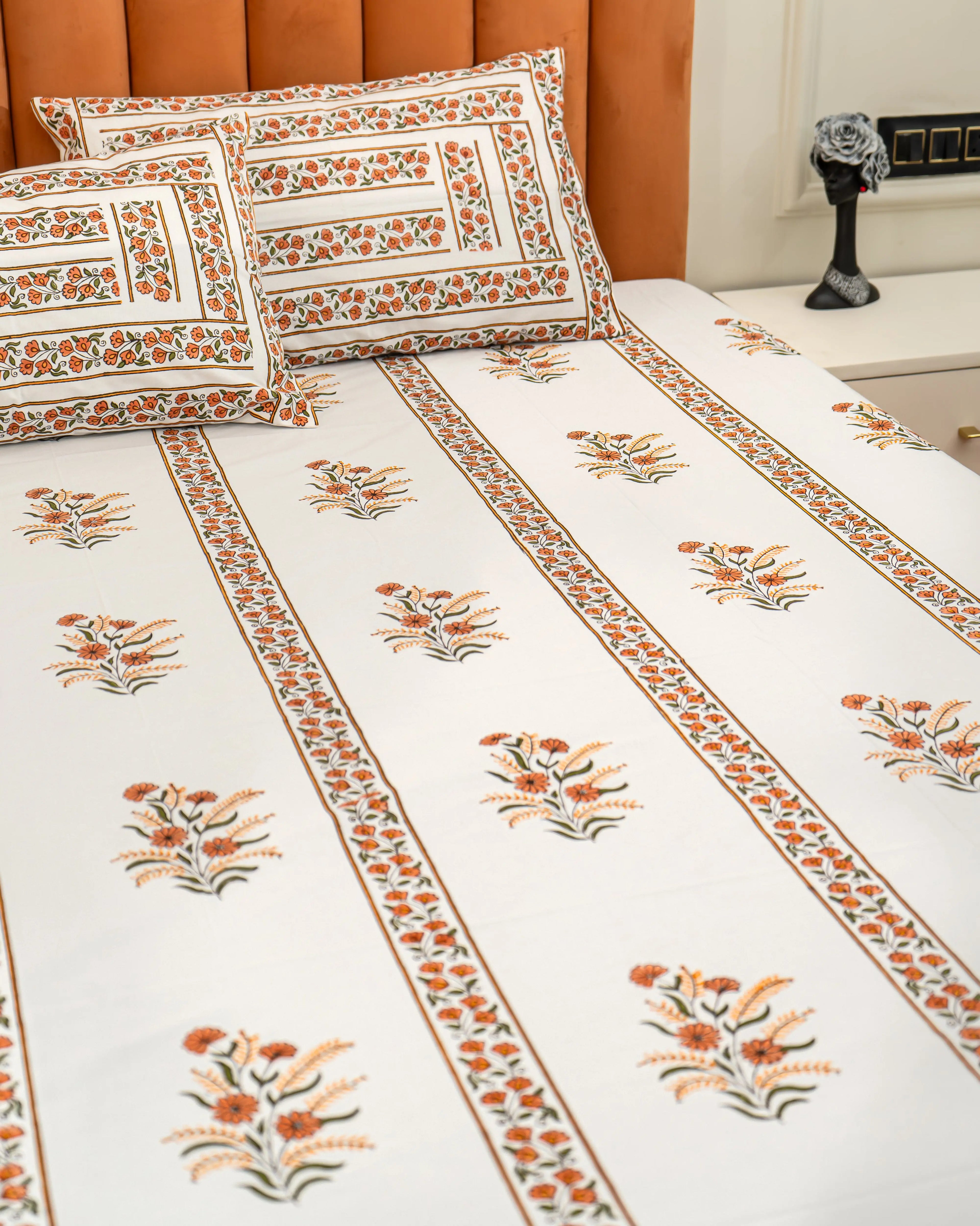 Handmade Queen Size Jaipuri Block Print Bedsheet with Orange Floral Stripes SUKHARA HOME and LIFESTYLE