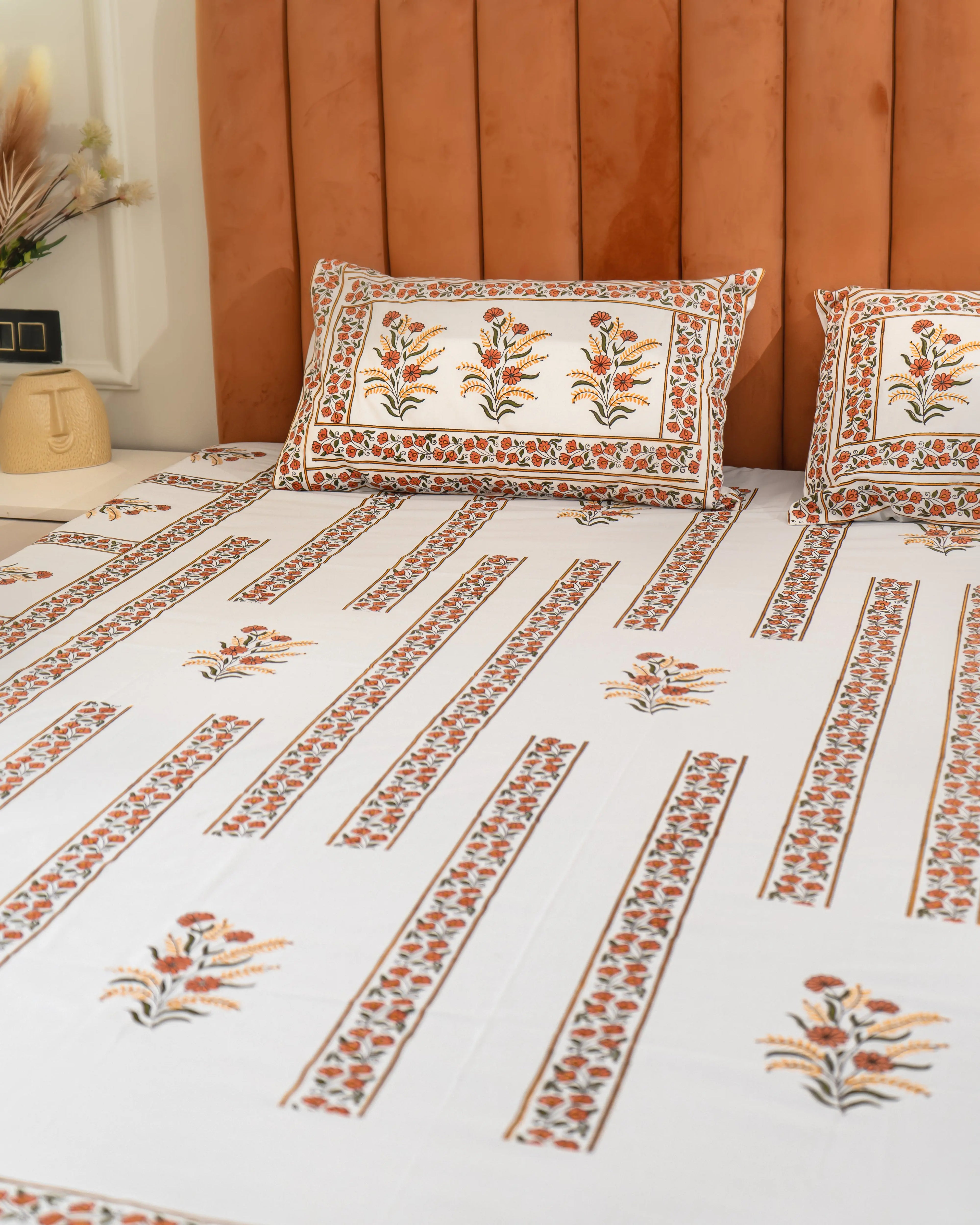 Handmade Queen Size Jaipuri Block Print Bedsheet with Floral Medallions SUKHARA HOME and LIFESTYLE