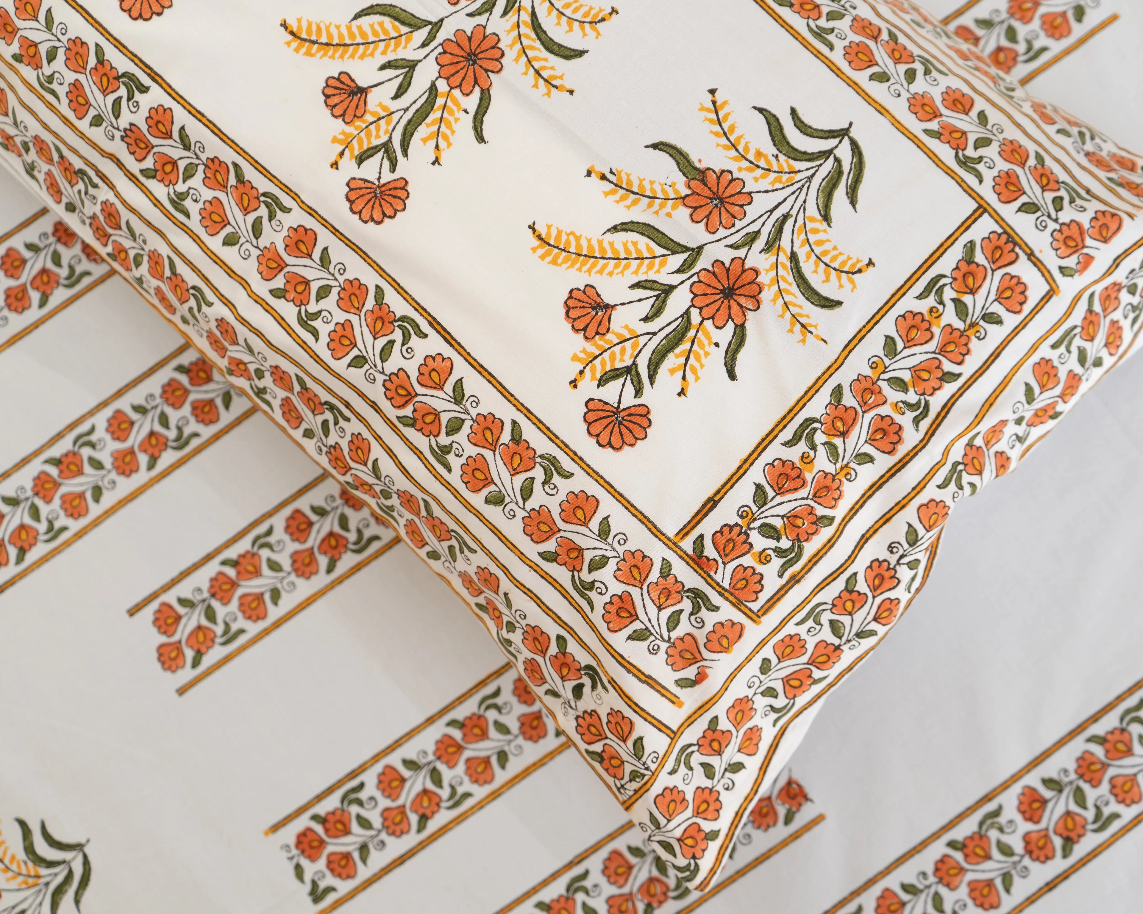 Handmade Queen Size Jaipuri Block Print Bedsheet with Floral Medallions SUKHARA HOME and LIFESTYLE