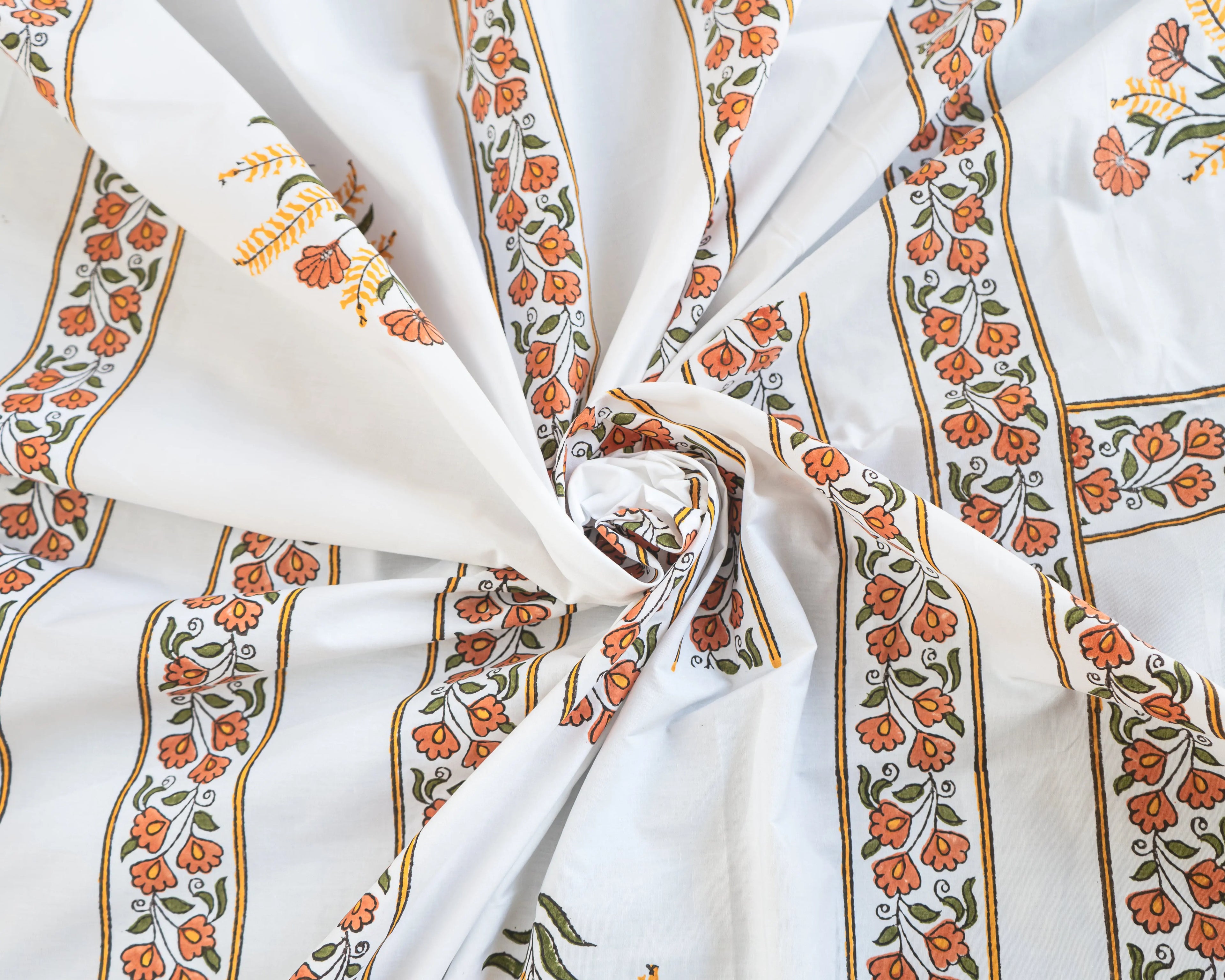 Handmade King Size Jaipuri Block Print Bedsheet with Orange Floral Grid SUKHARA HOME and LIFESTYLE