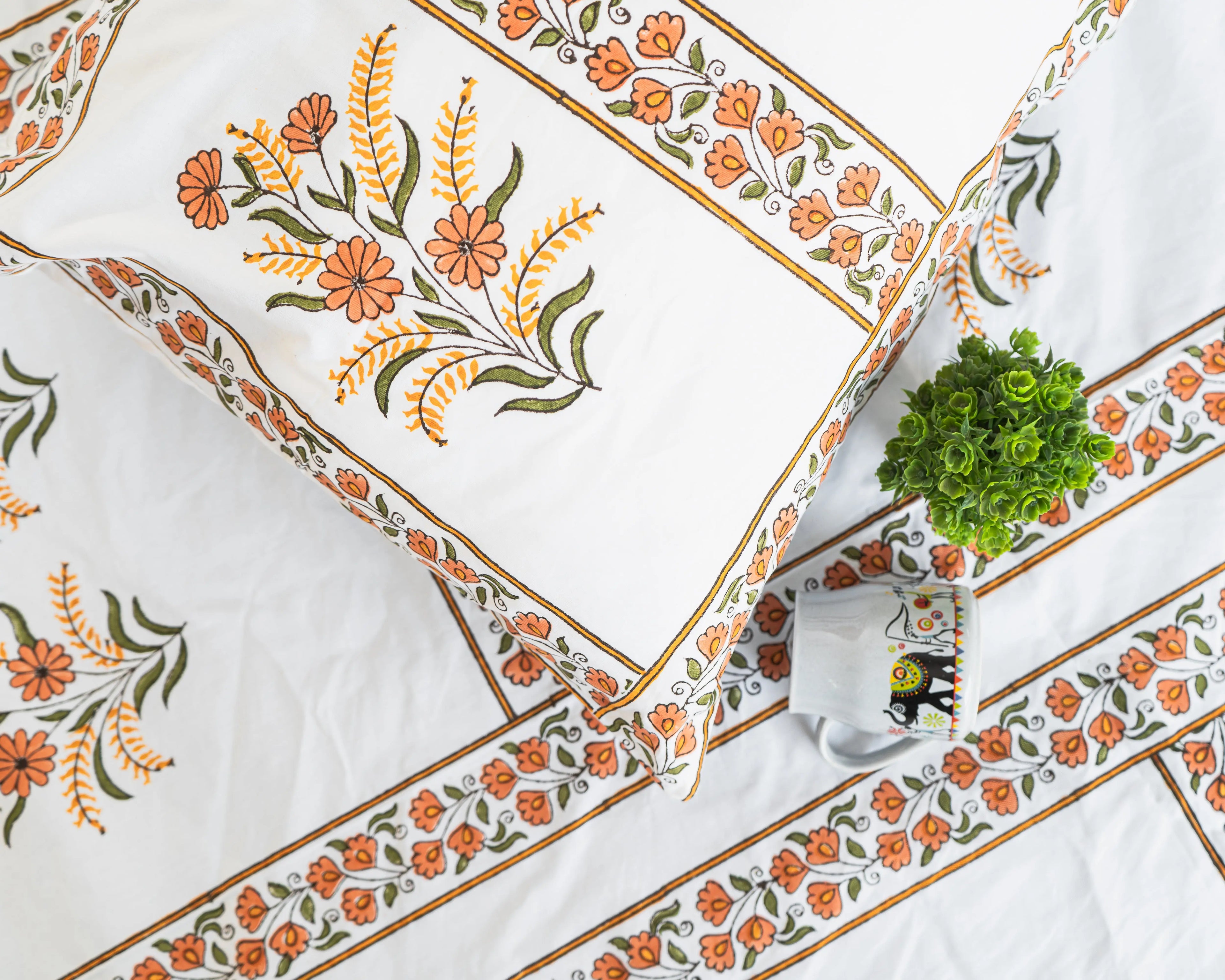 Handmade King Size Jaipuri Block Print Bedsheet with Orange Floral Grid SUKHARA HOME and LIFESTYLE