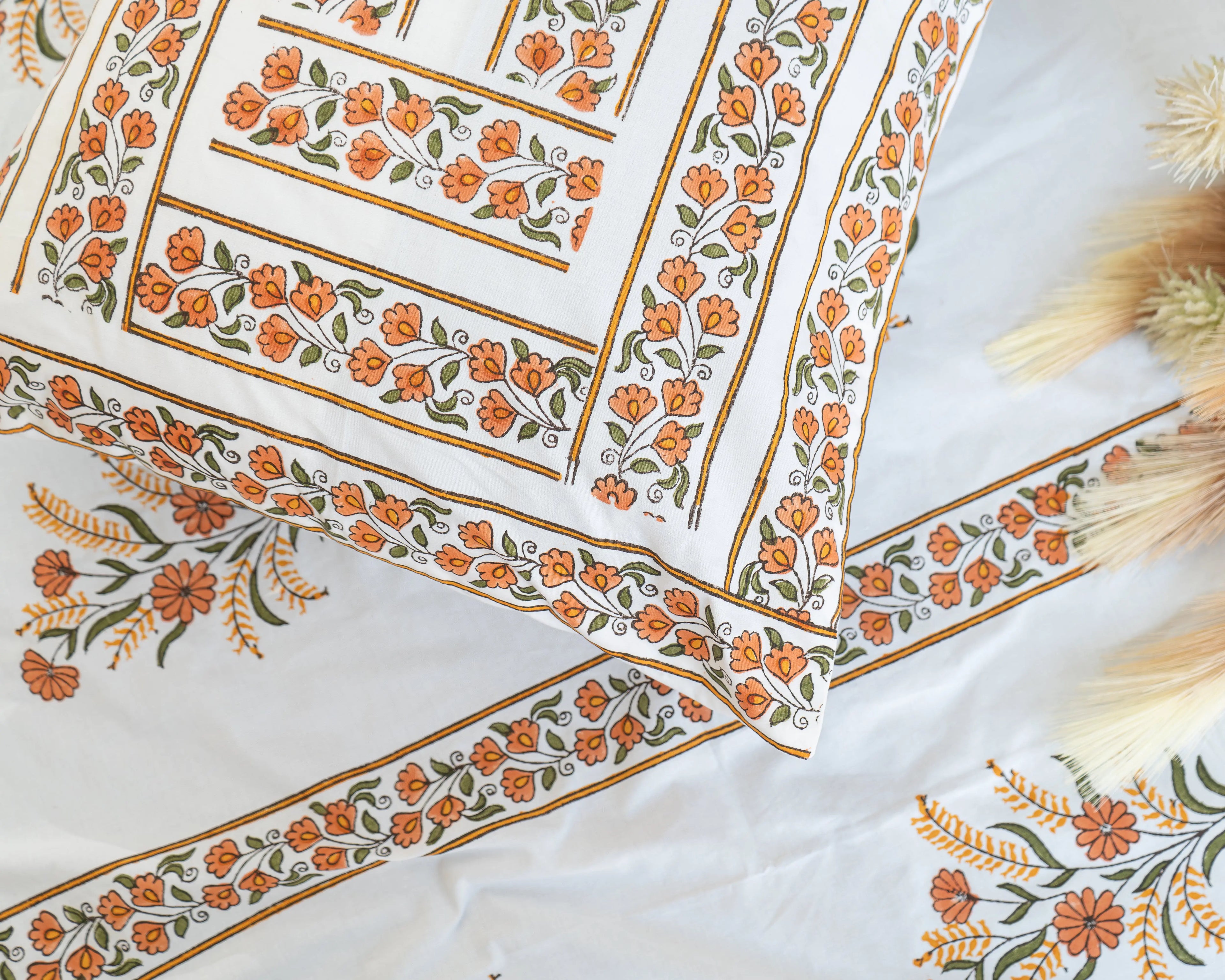 Handmade Queen Size Jaipuri Block Print Bedsheet with Orange Floral Stripes SUKHARA HOME and LIFESTYLE
