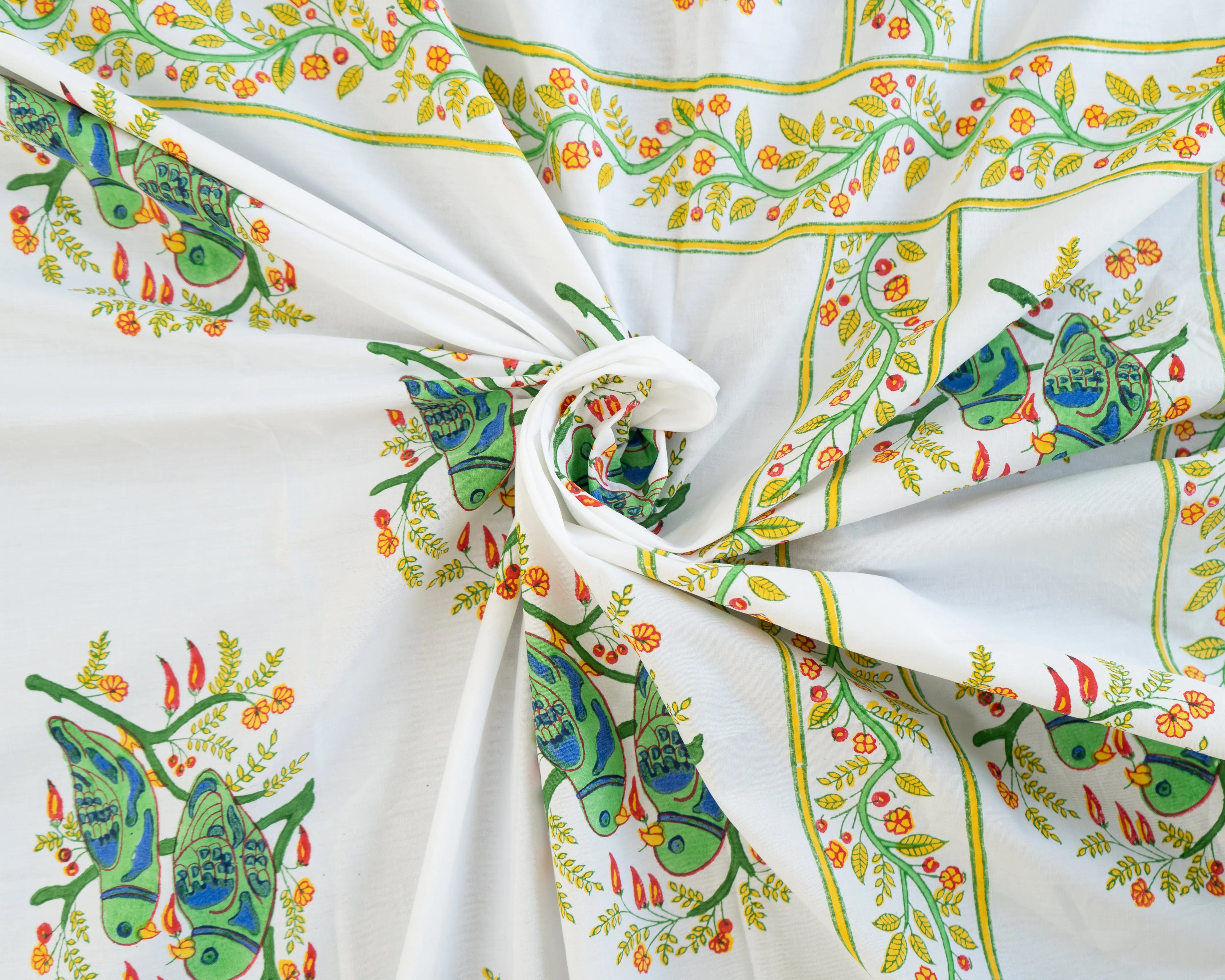 Handmade Queen Size Block Print Cotton Bedsheet with Parrot Motifs Sukhara