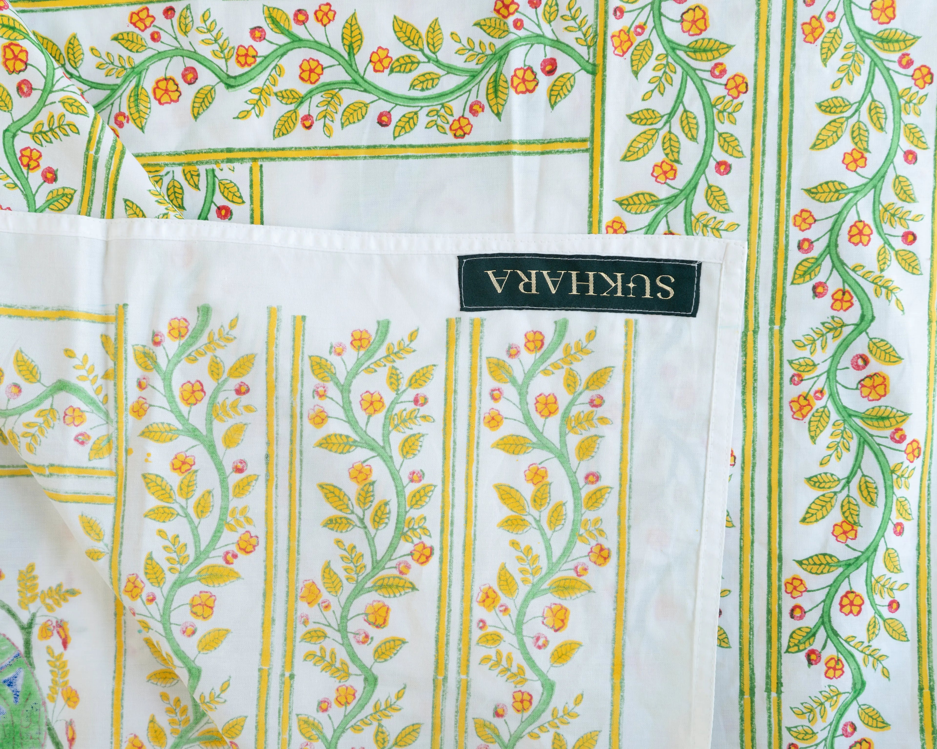 Handmade Queen Size Block Print Cotton Bedsheet with Parrot Motifs Sukhara