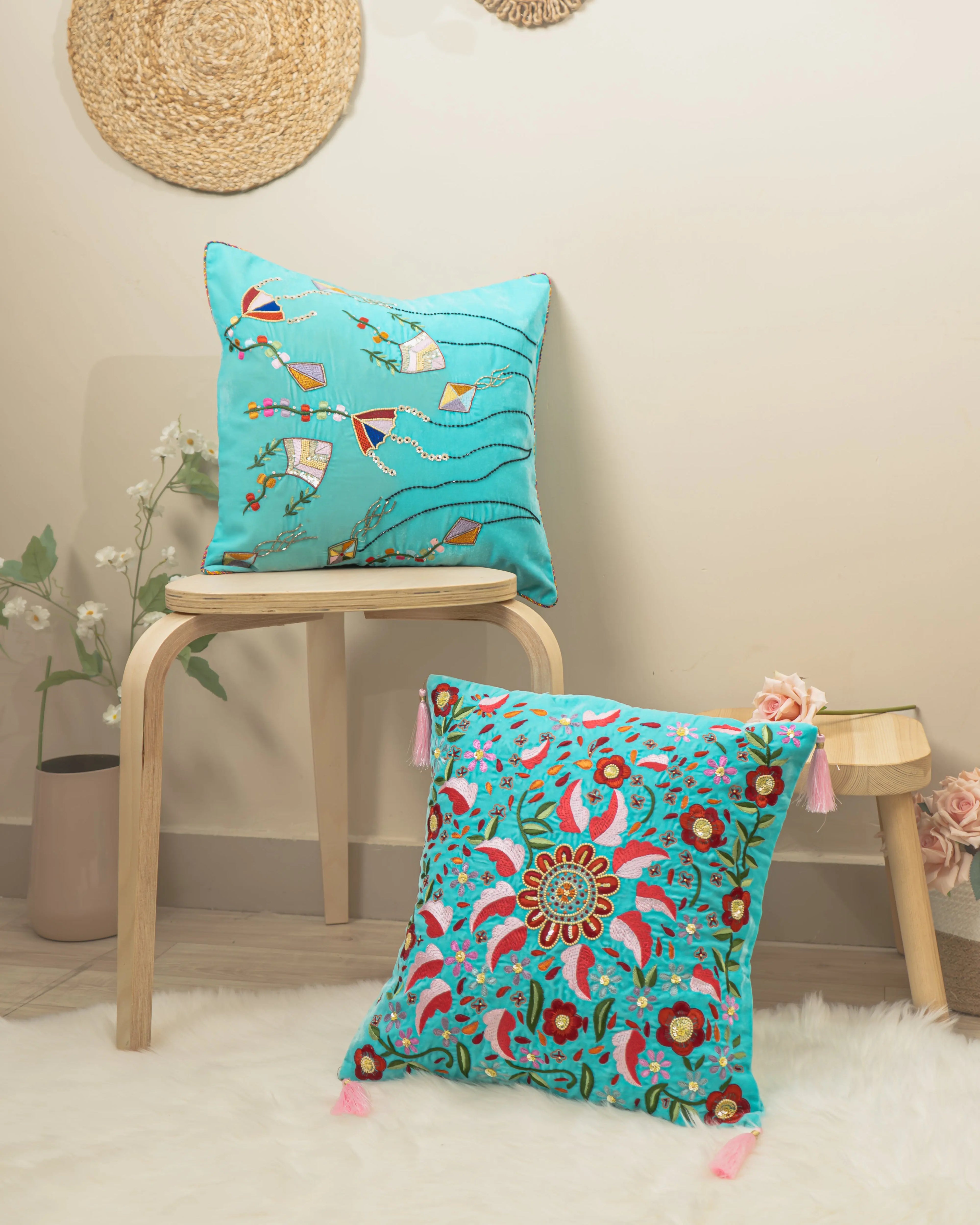 Phool Aur Patte Zardozi Cushion Covers - Hand-Embroidered Luxury Home Sukhara