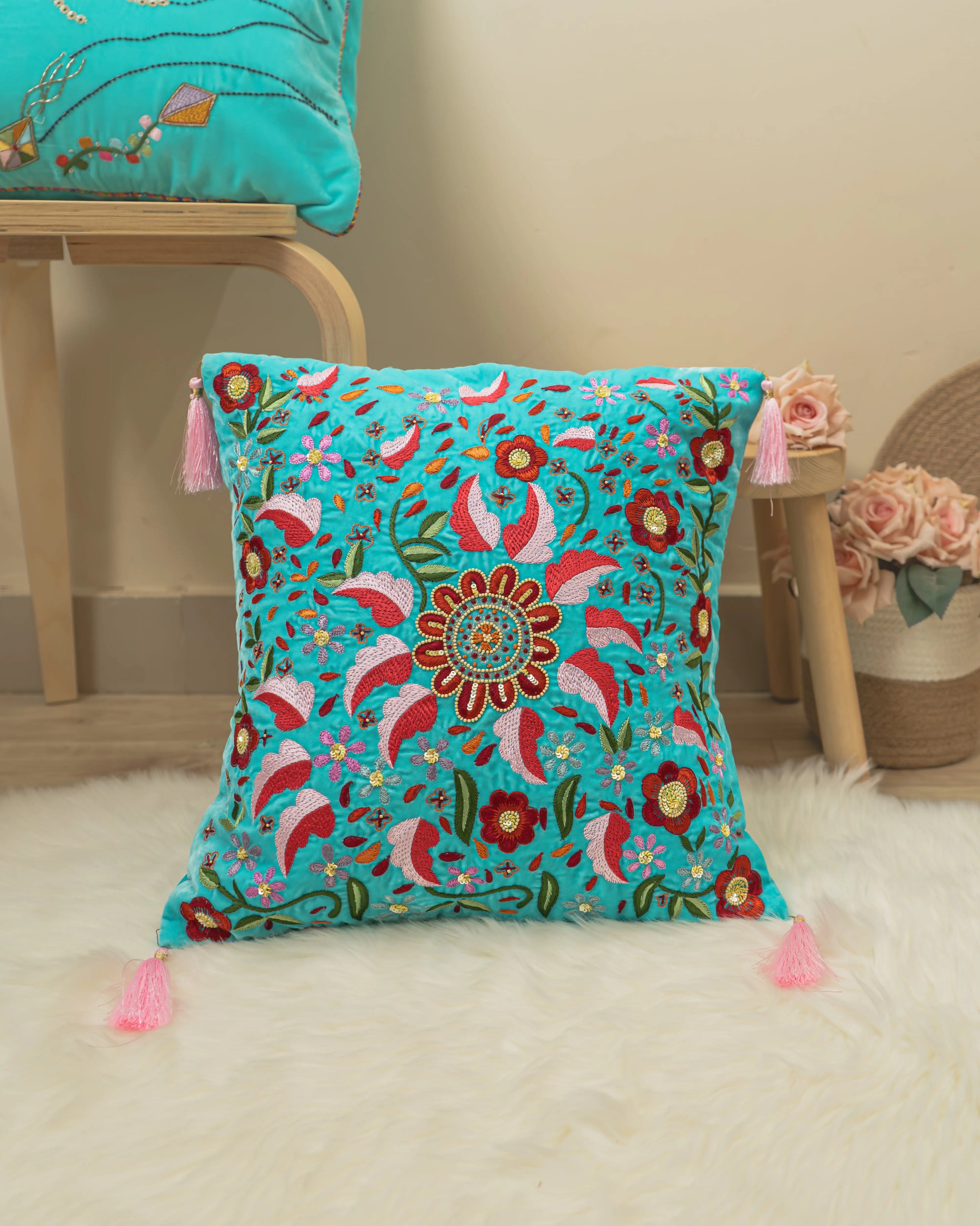 Phool Aur Patte Zardozi Cushion Covers - Hand-Embroidered Luxury Home Sukhara