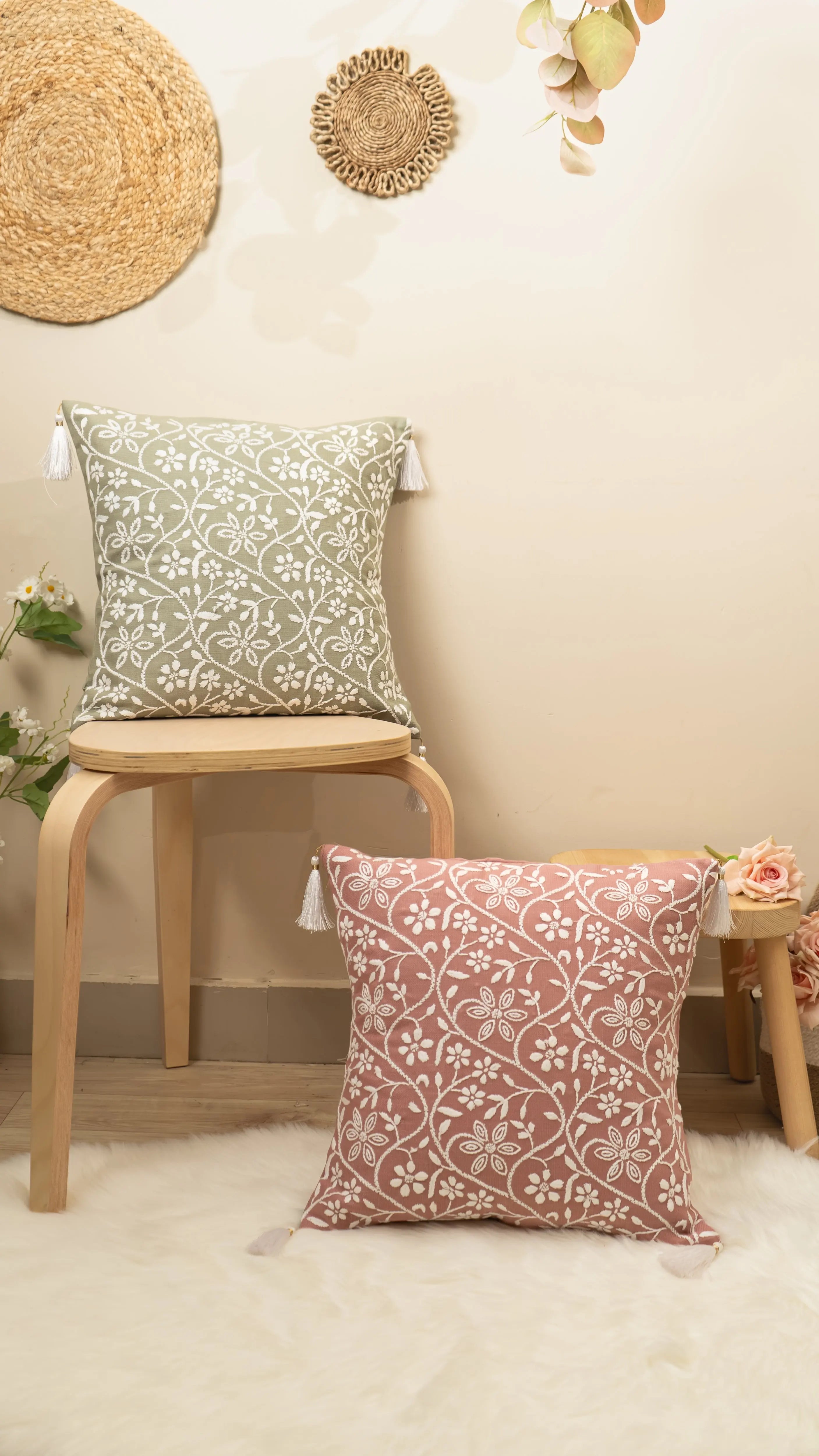 Phool Aur Patte Chikankari Cushion Covers: Handmade Luxury Home Decor Sukhara