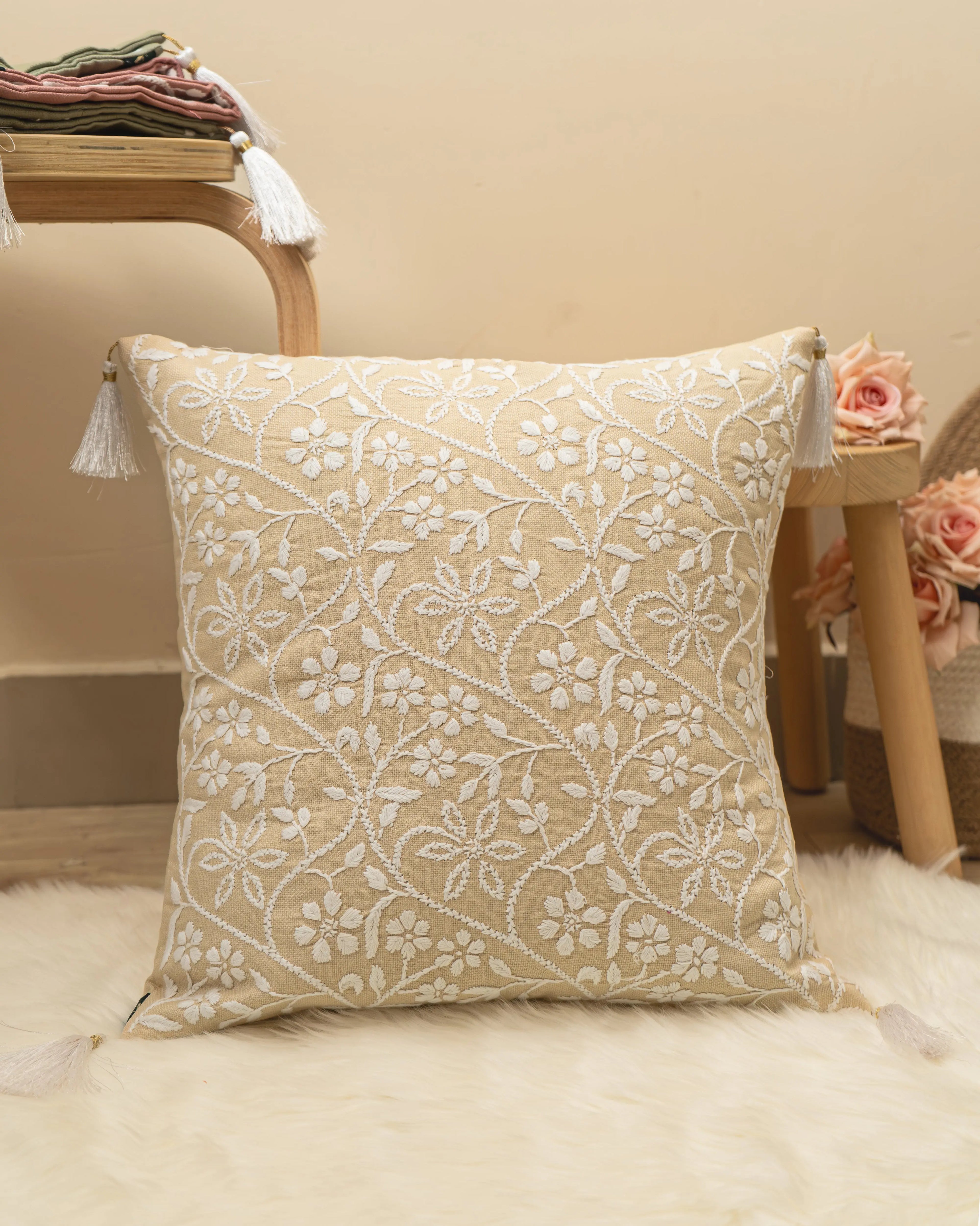 Phool Aur Patte Chikankari Cushion Covers: Handmade Luxury Home Decor Sukhara