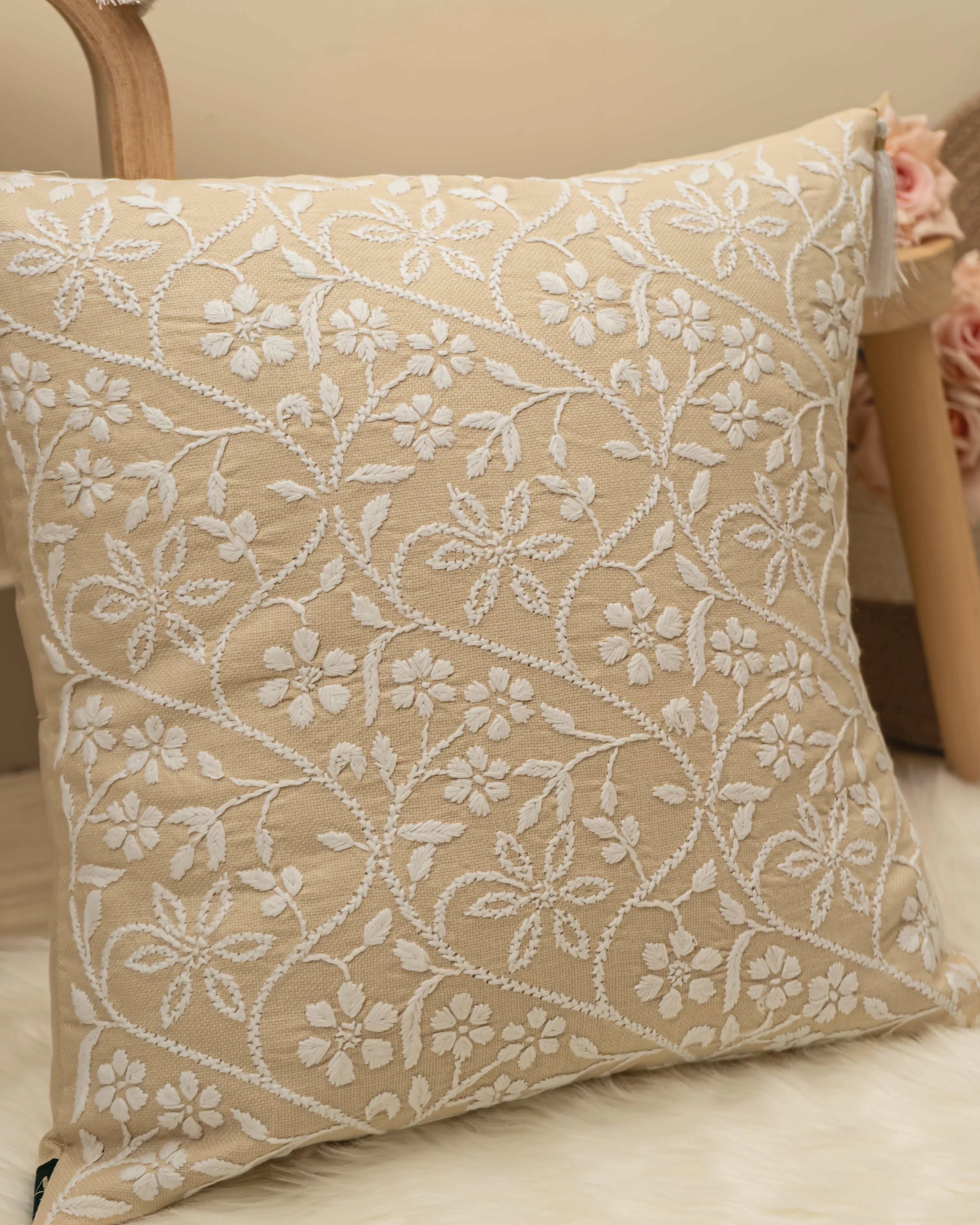 Phool Aur Patte Chikankari Cushion Covers: Handmade Luxury Home Decor Sukhara