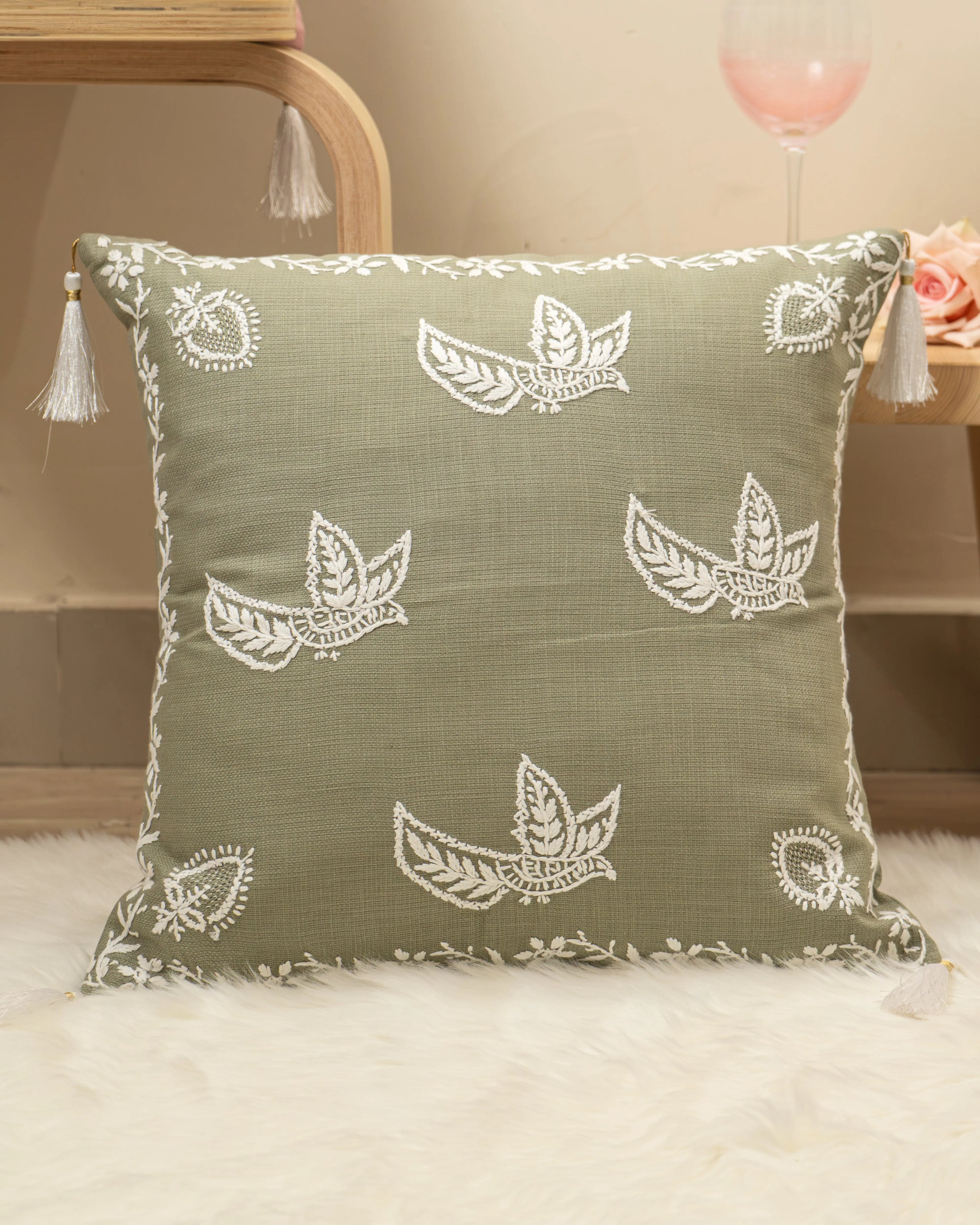 ManMohak Chikan Cushion Cover | Hand-Embroidered Luxury for Elegant Sukhara