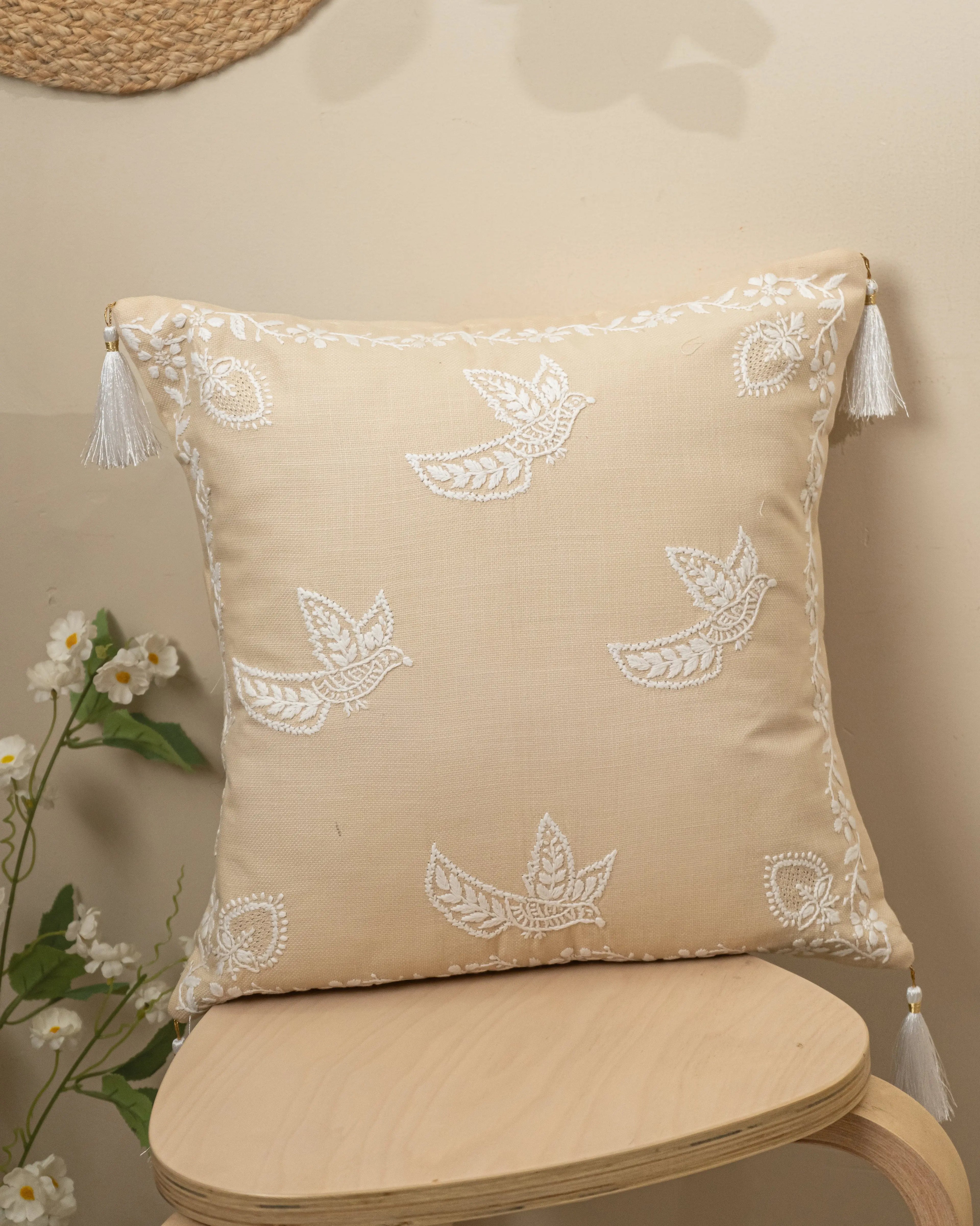 ManMohak Chikan Cushion Cover | Hand-Embroidered Luxury for Elegant Sukhara