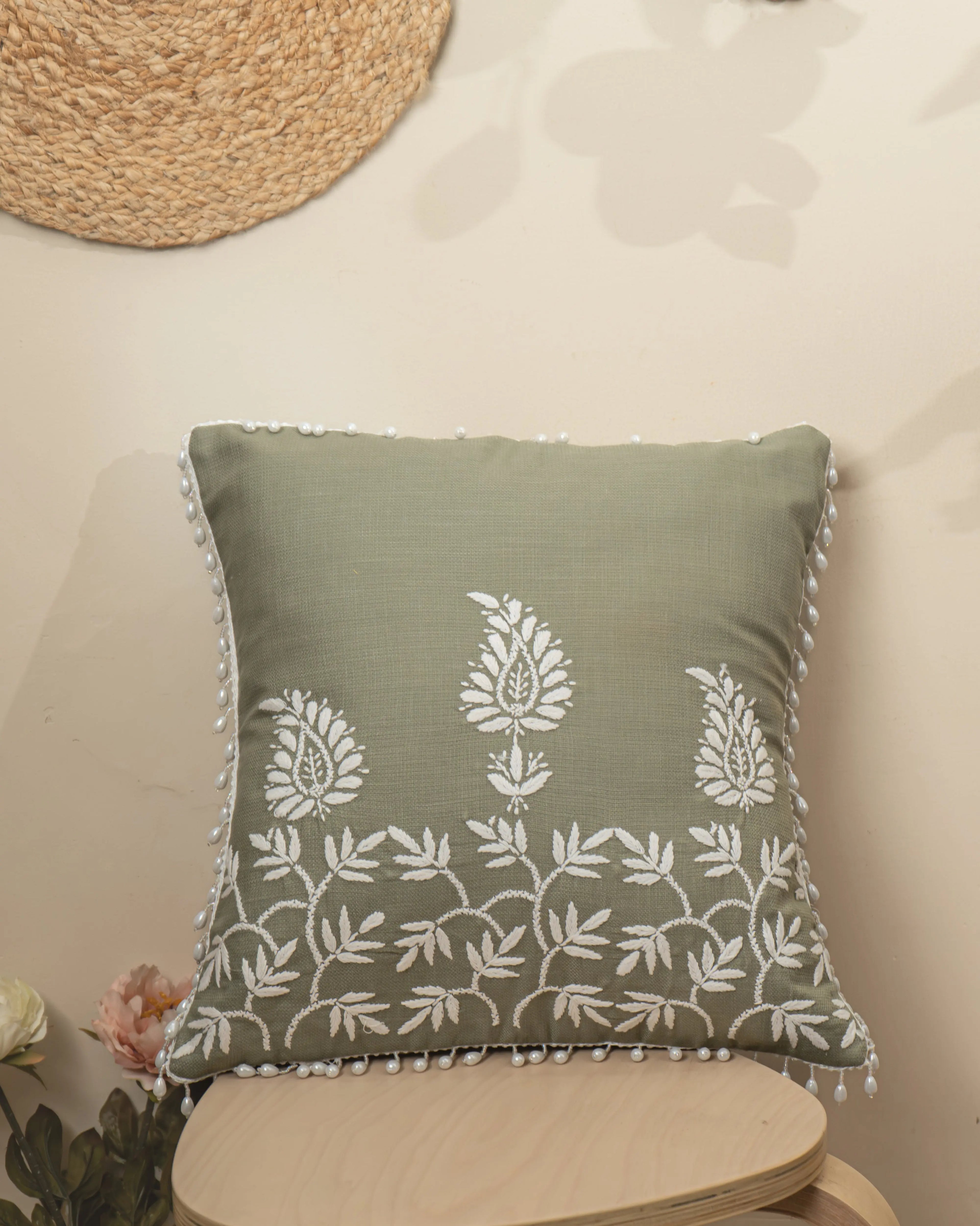 Aam Ke Bagh Chikan Cushion Cover - Handmade Embroidered Sukhara