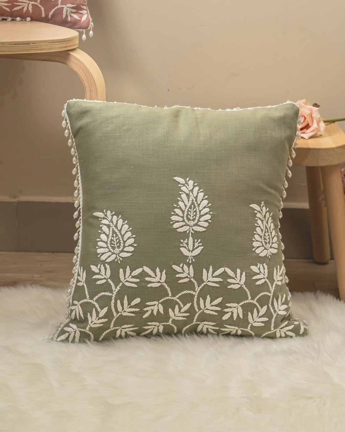 Aam Ke Bagh Chikan Cushion Cover - Handmade Embroidered Sukhara