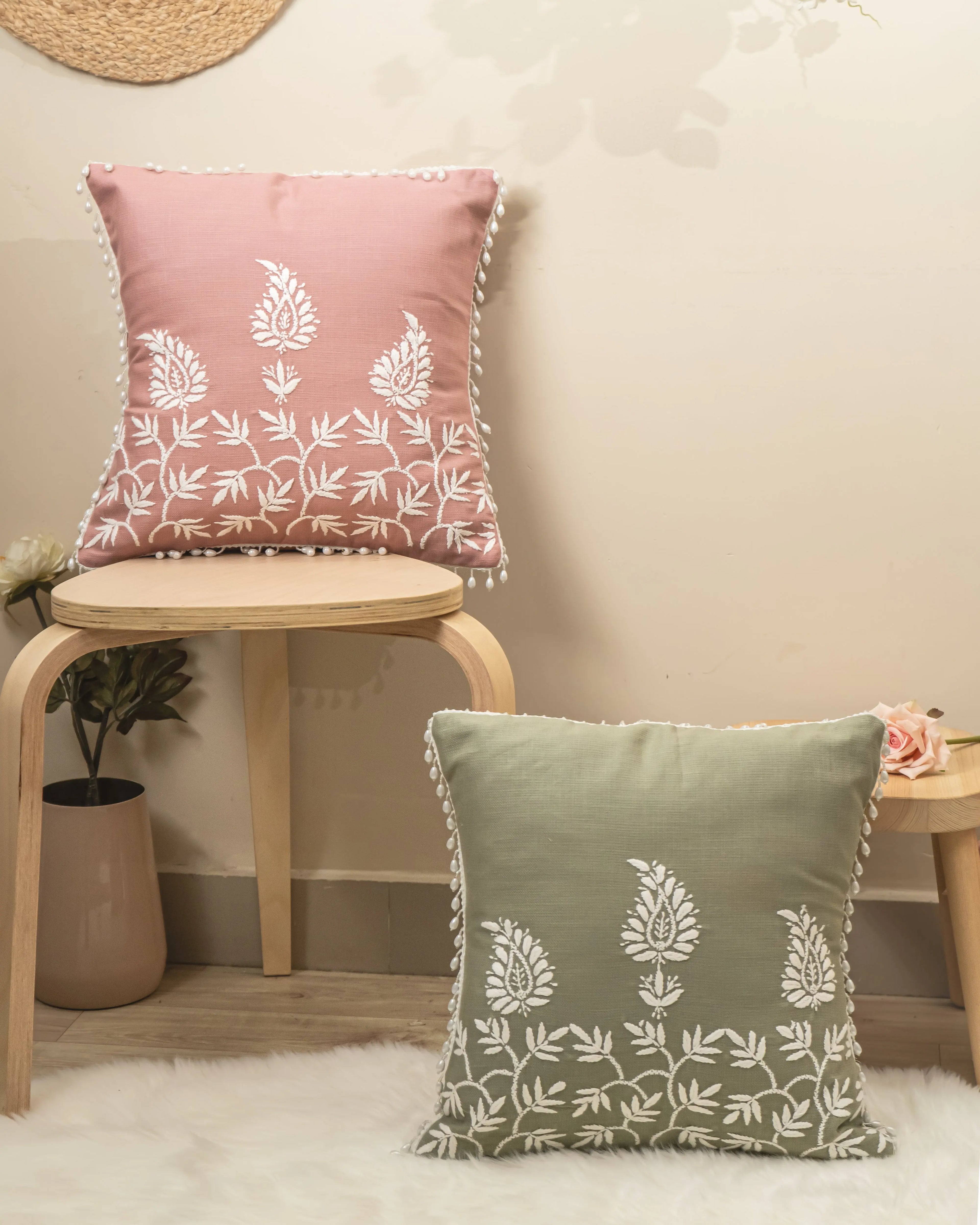 Aam Ke Bagh Chikan Cushion Cover - Handmade Embroidered Sukhara