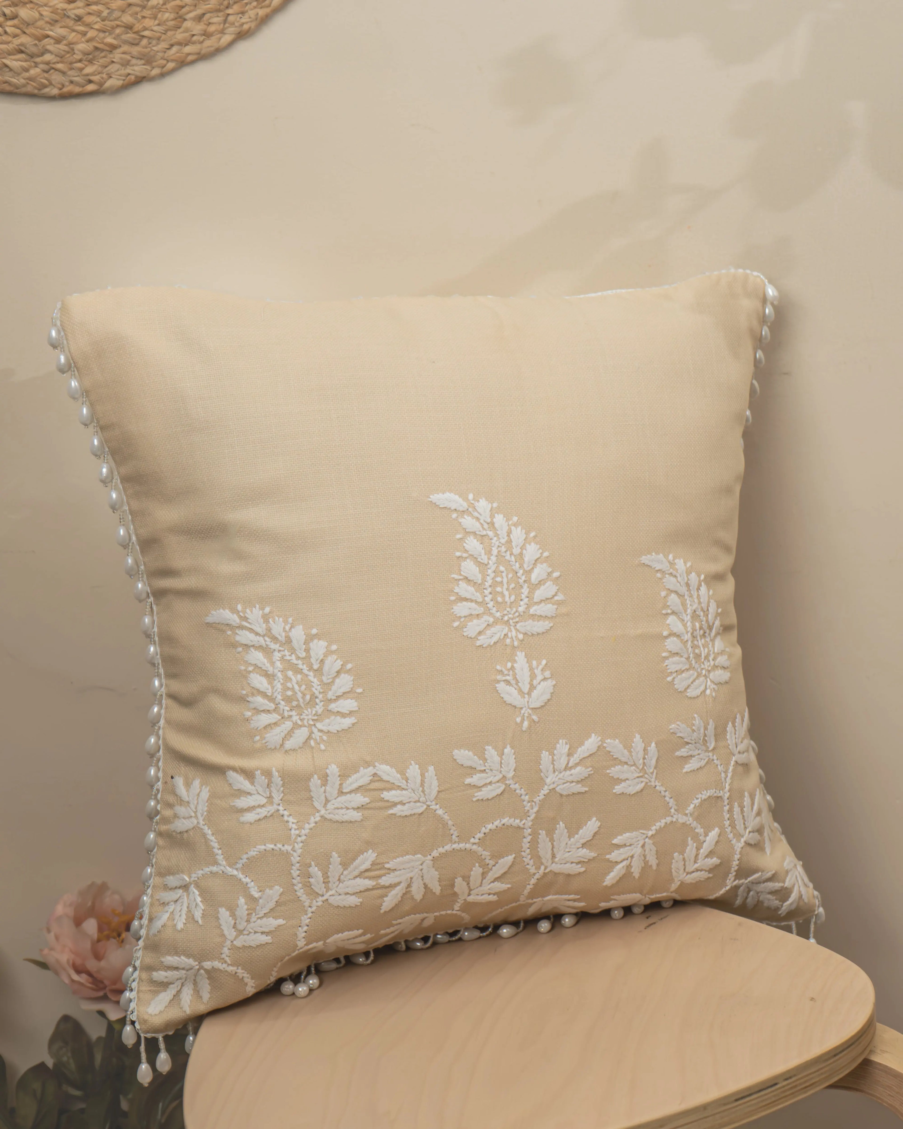 Aam Ke Bagh Chikan Cushion Cover - Handmade Embroidered Sukhara