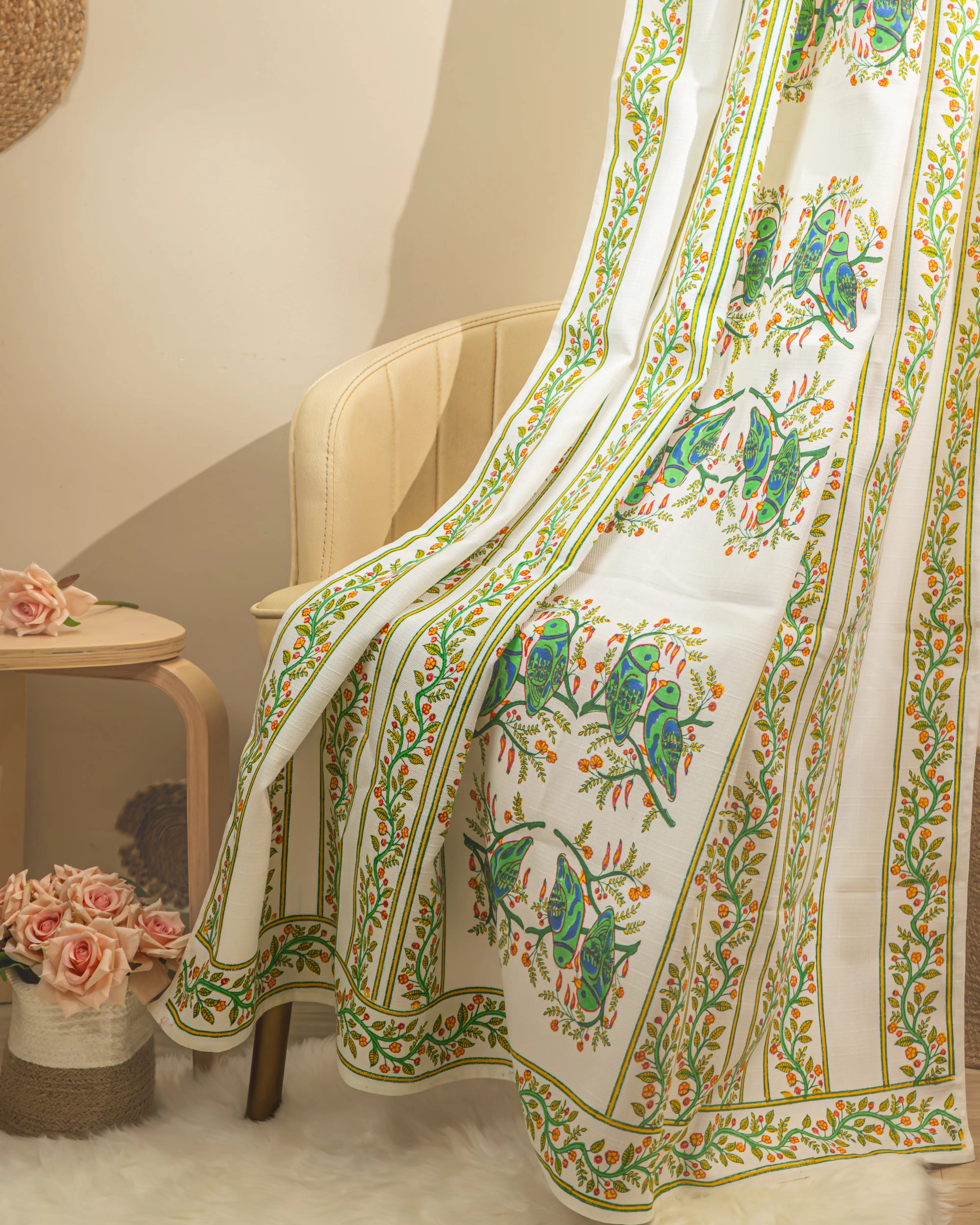 Rajasthani Parrot Floral Block Print Curtains - 7 Feet SUKHARA HOME and LIFESTYLE