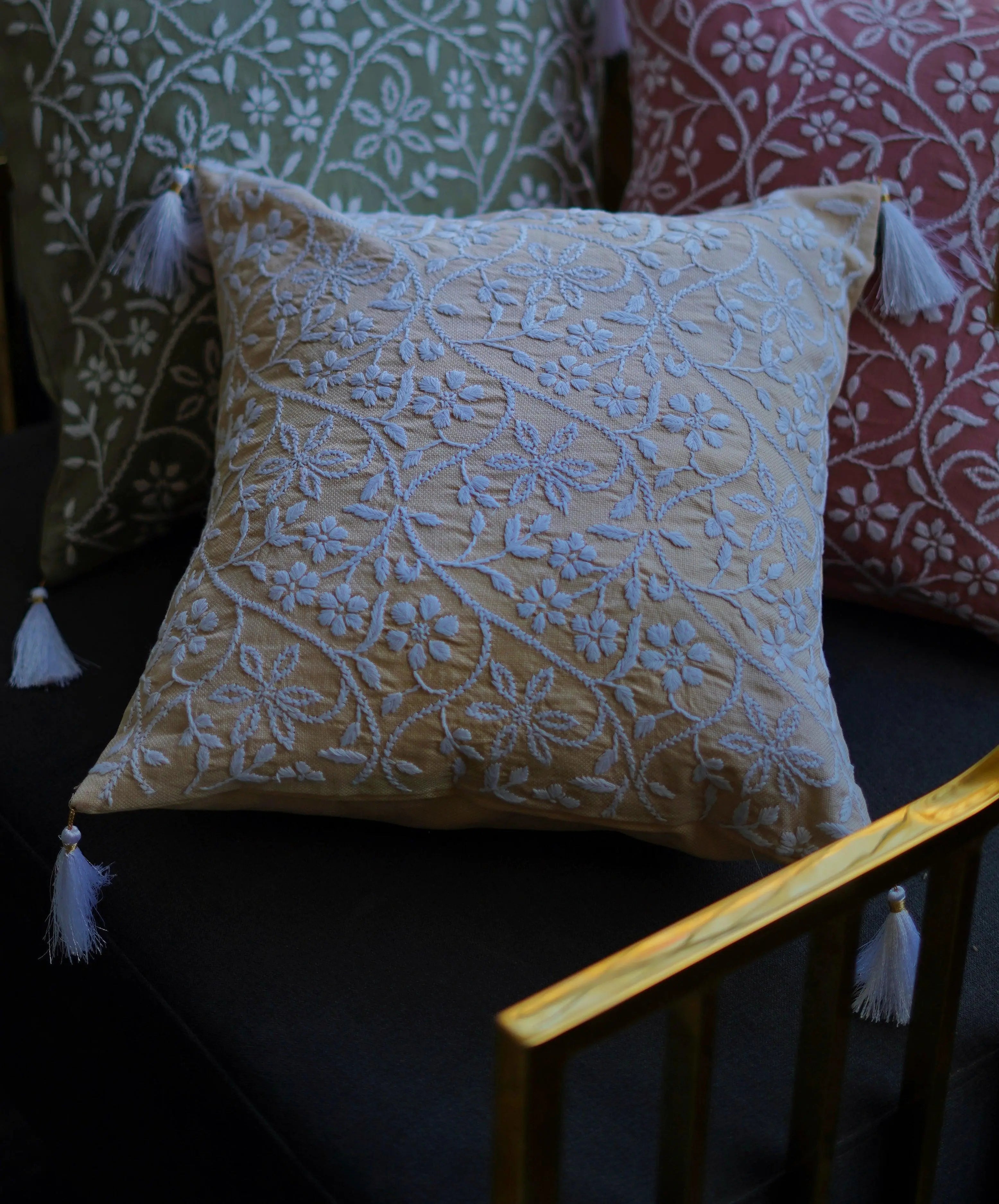 Chikankari cushion cover by Sukhara featuring intricate handmade phhol embroidery, perfect for luxurious home decor