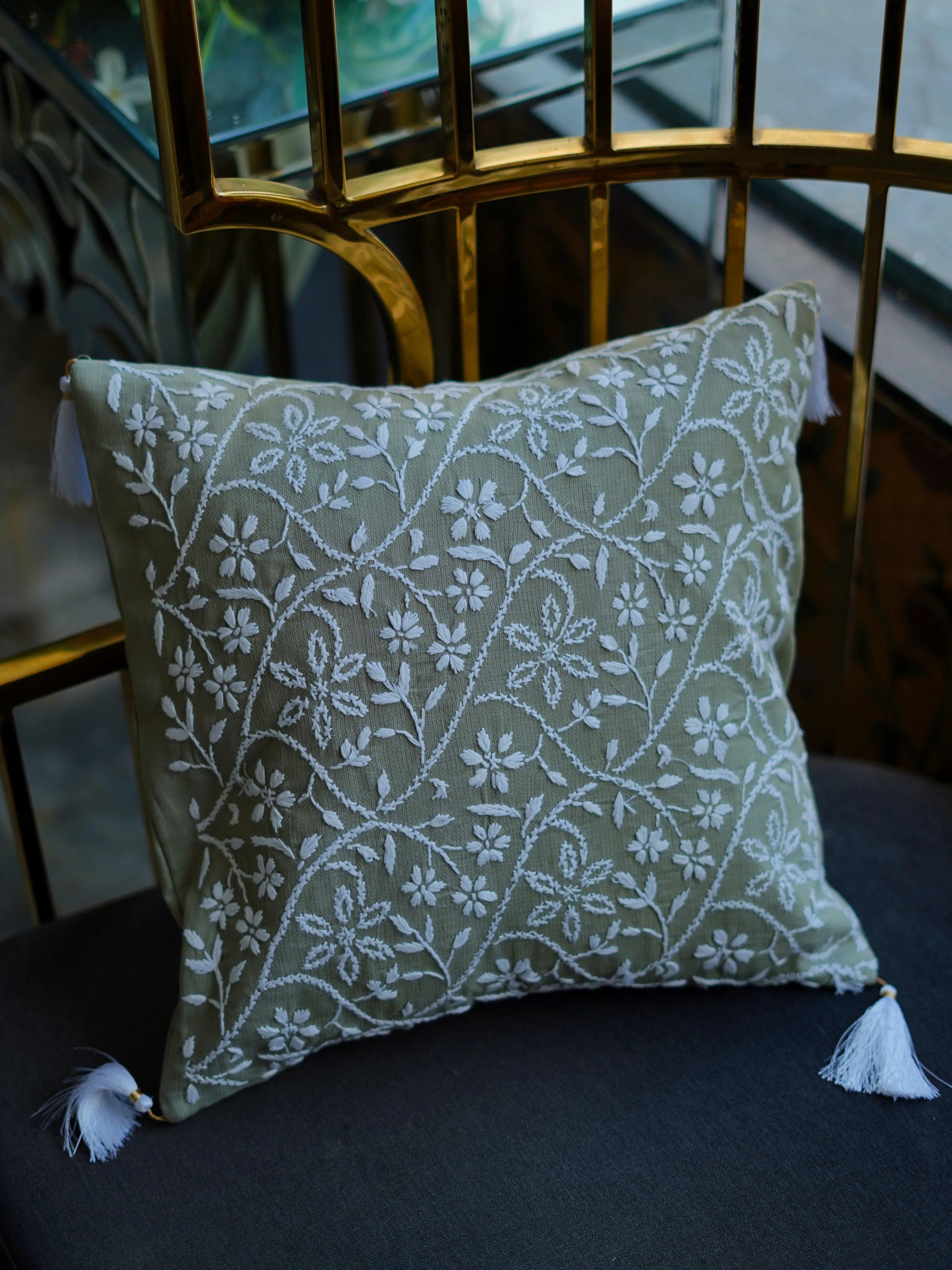 Chikankari cushion covers made with premium fabrics by Sukhara, ensuring durability and a luxurious feel in sophisticated decor
