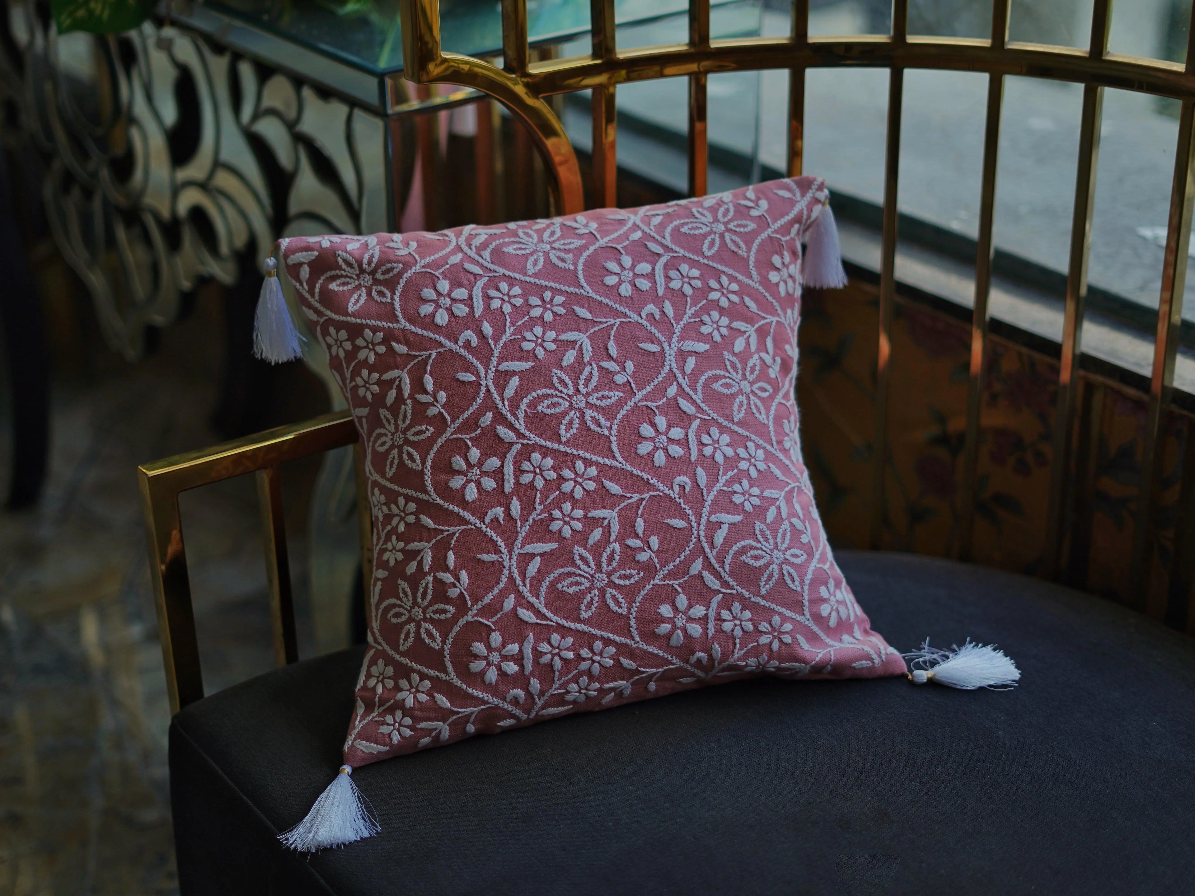 Unique home decor gifts from Sukhara, showcasing stunning Chikankari cushion covers that blend tradition with contemporary