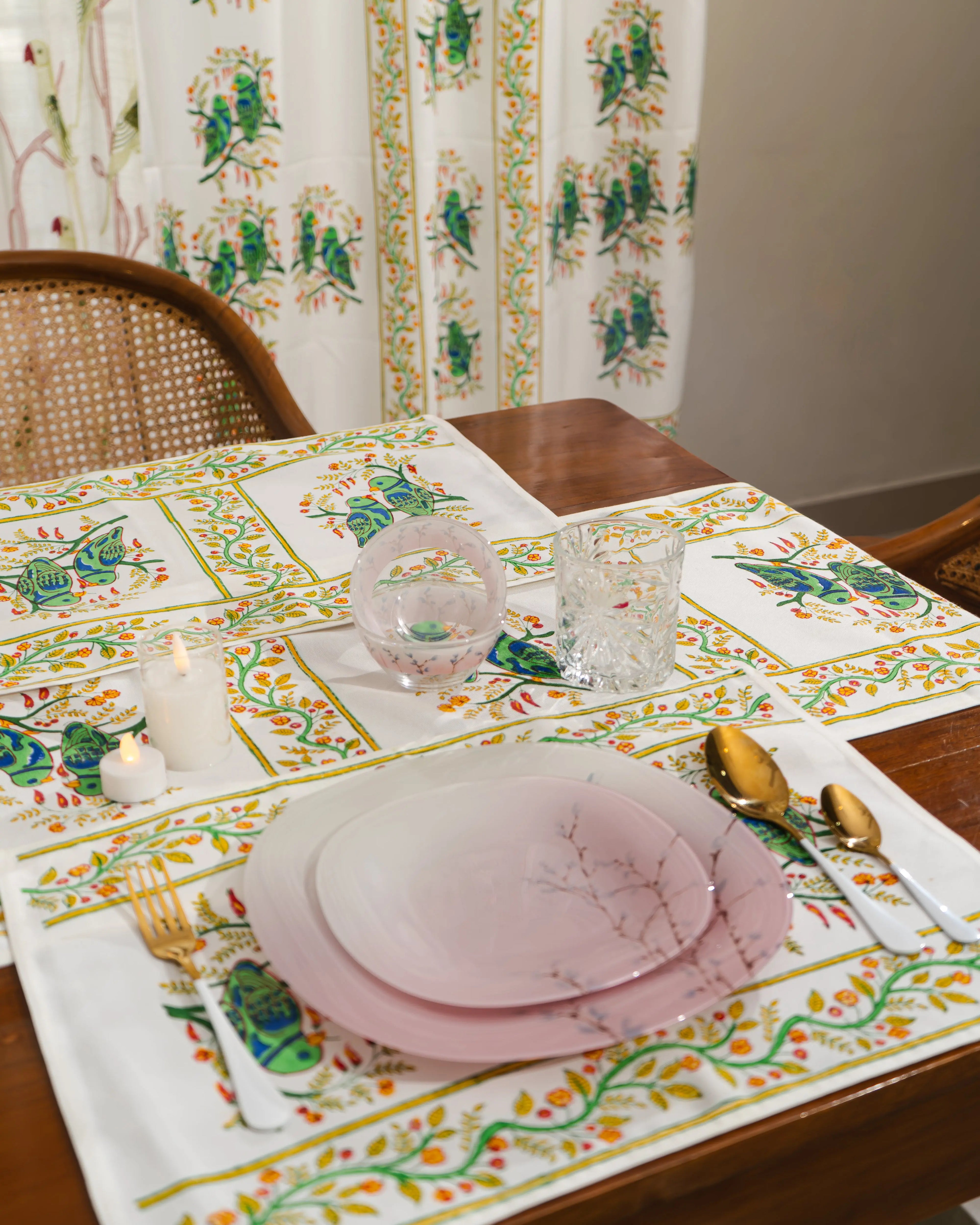 Jaipur Royal Bloom – Handcrafted Jute Cotton Block Print Placemats - Jaipur Rajasthani Table Runner With Mats SUKHARA HOME and LIFESTYLE