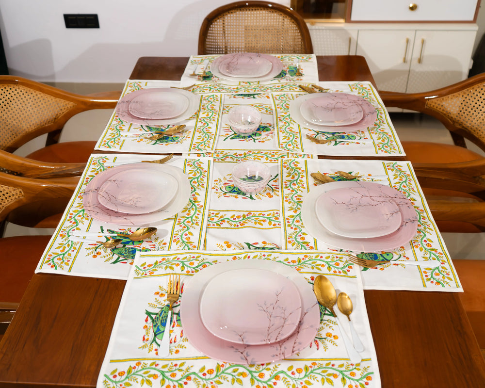 Jaipur Royal Bloom – Handcrafted Jute Cotton Block Print Placemats - Jaipur Rajasthani Table Runner With Mats SUKHARA HOME and LIFESTYLE