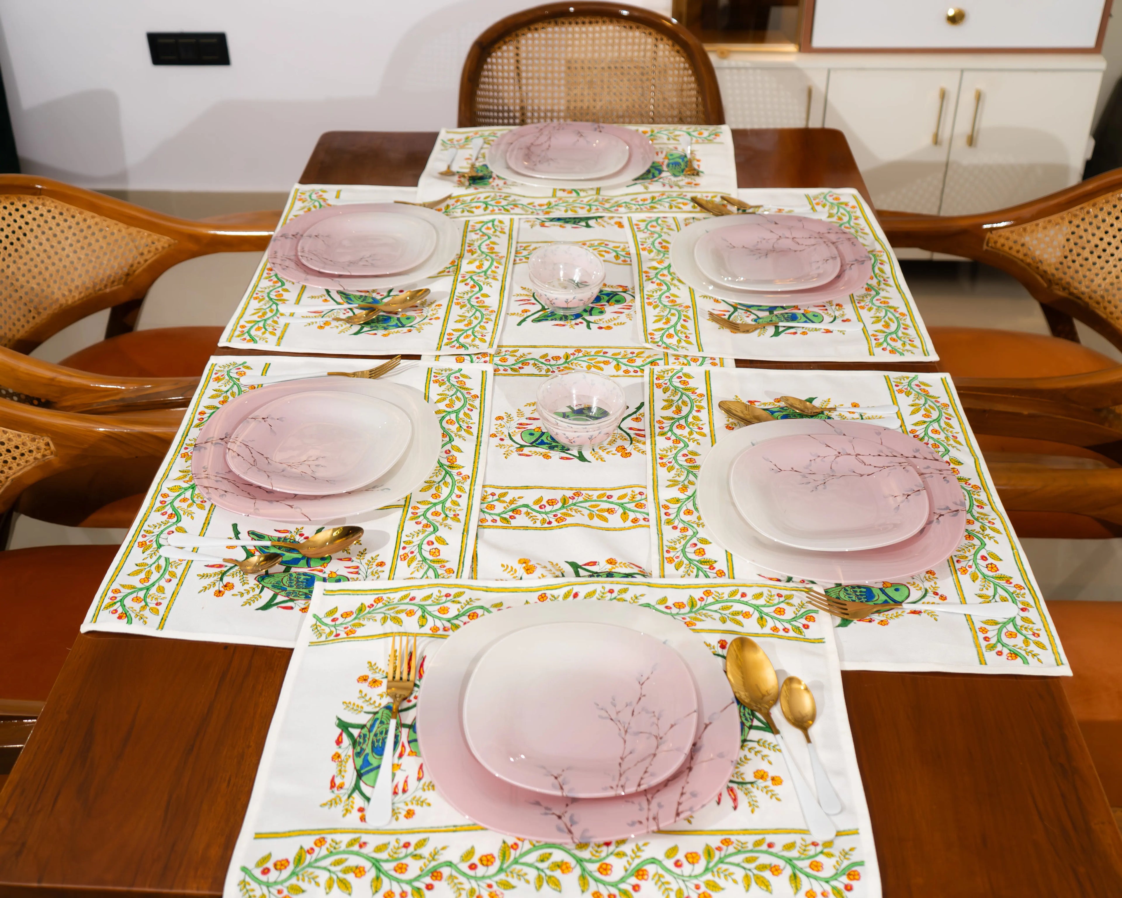 Jaipur Royal Bloom – Handcrafted Jute Cotton Block Print Placemats - Jaipur Rajasthani Table Runner With Mats SUKHARA HOME and LIFESTYLE