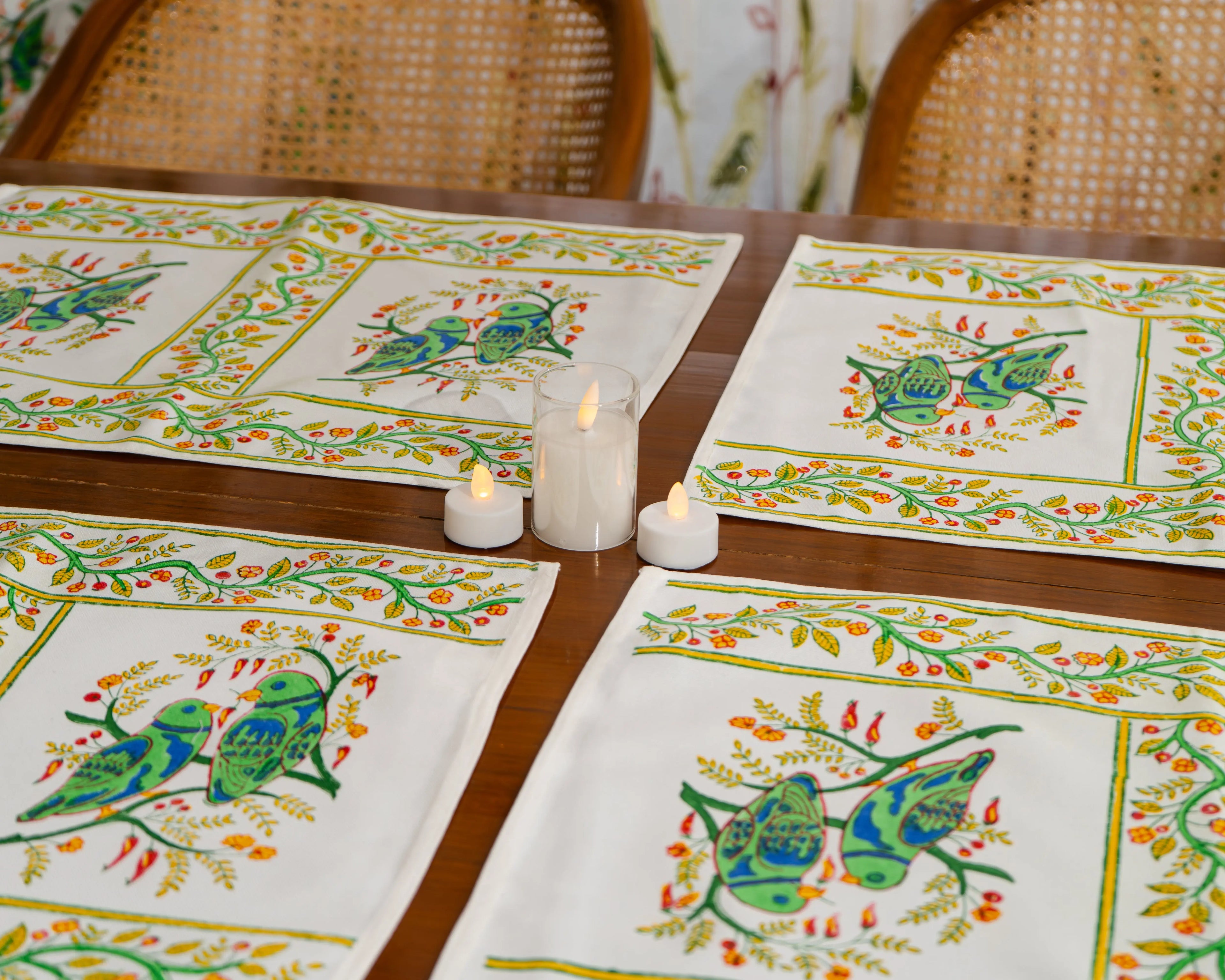 Jaipur Royal Bloom – Handcrafted Jute Cotton Block Print Placemats - Jaipur Rajasthani Table Runner With Mats SUKHARA HOME and LIFESTYLE