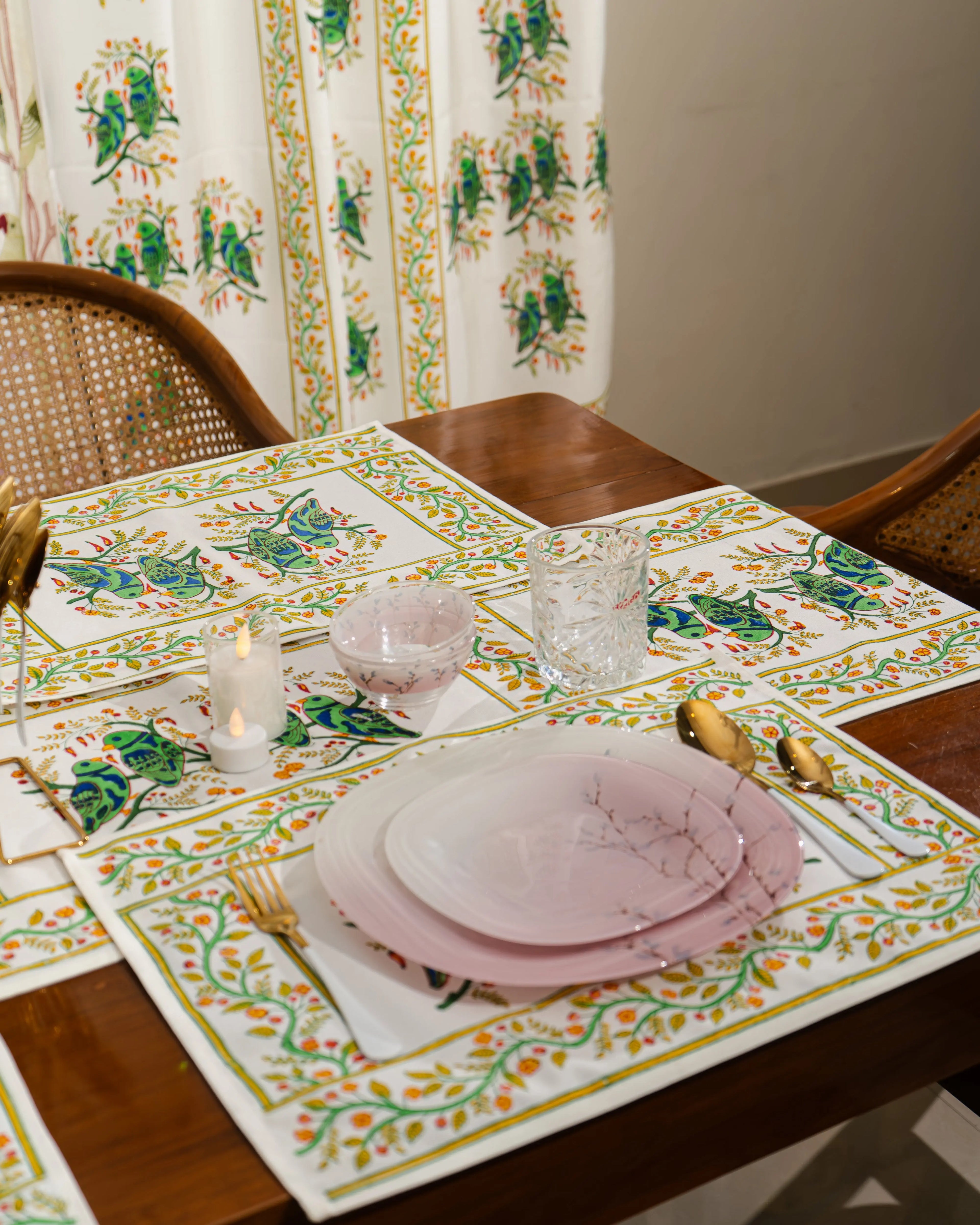 Parrot Grove – Handcrafted Jute Cotton Block Print Placemats-Jaipur Rajasthani Table Runner With Mats SUKHARA HOME and LIFESTYLE