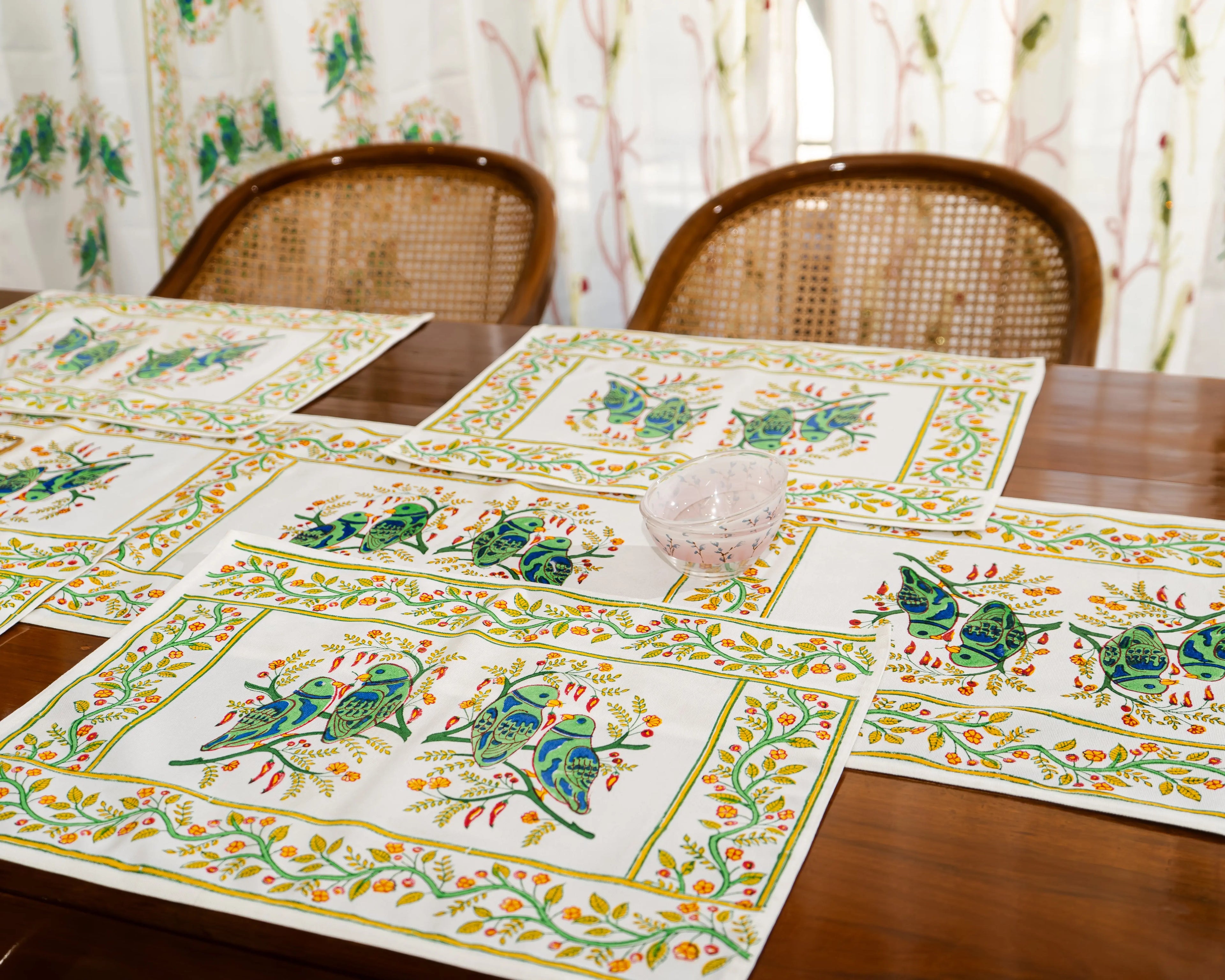 Parrot Grove – Handcrafted Jute Cotton Block Print Placemats-Jaipur Rajasthani Table Runner With Mats SUKHARA HOME and LIFESTYLE