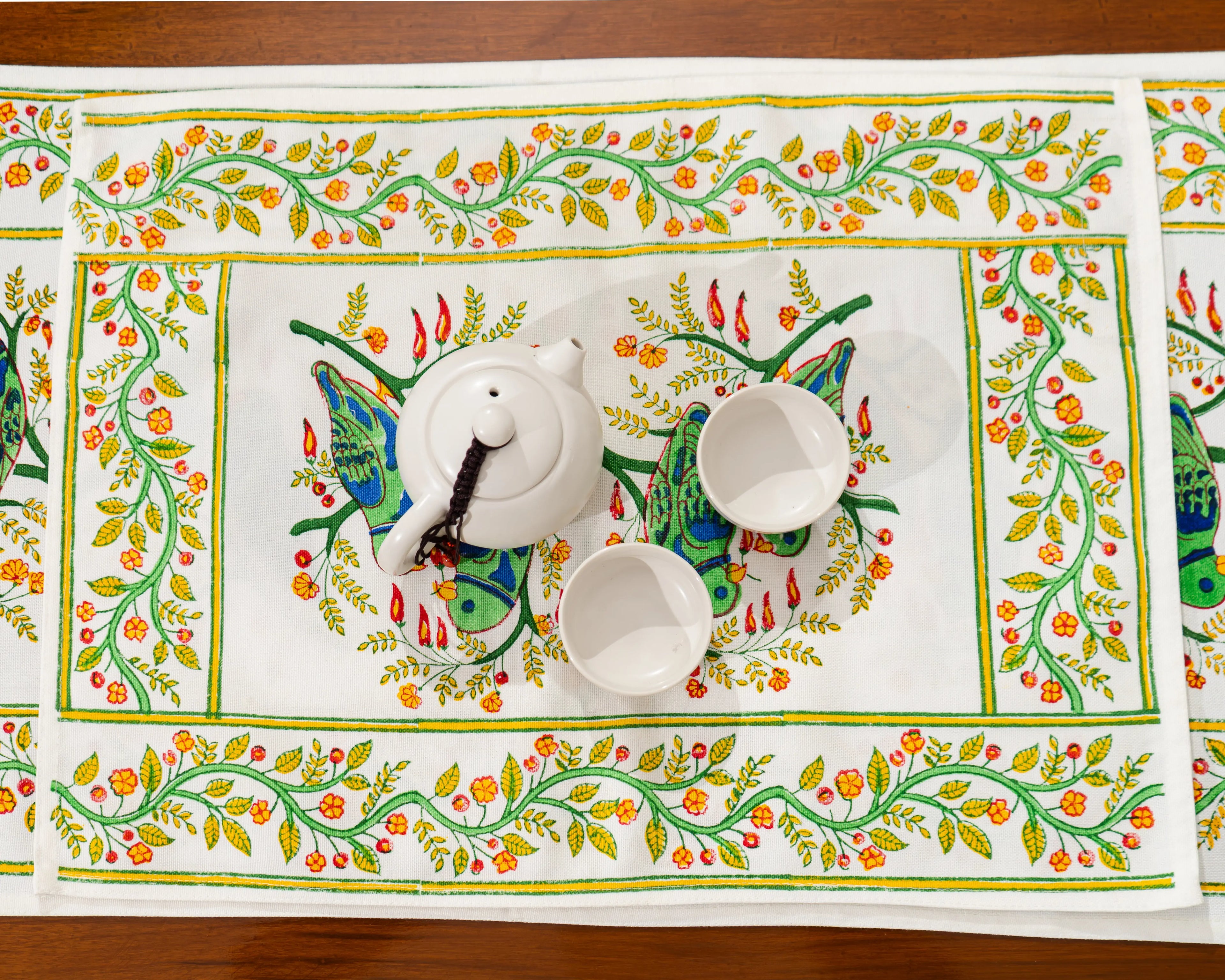 Parrot Grove – Handcrafted Jute Cotton Block Print Placemats-Jaipur Rajasthani Table Runner With Mats SUKHARA HOME and LIFESTYLE