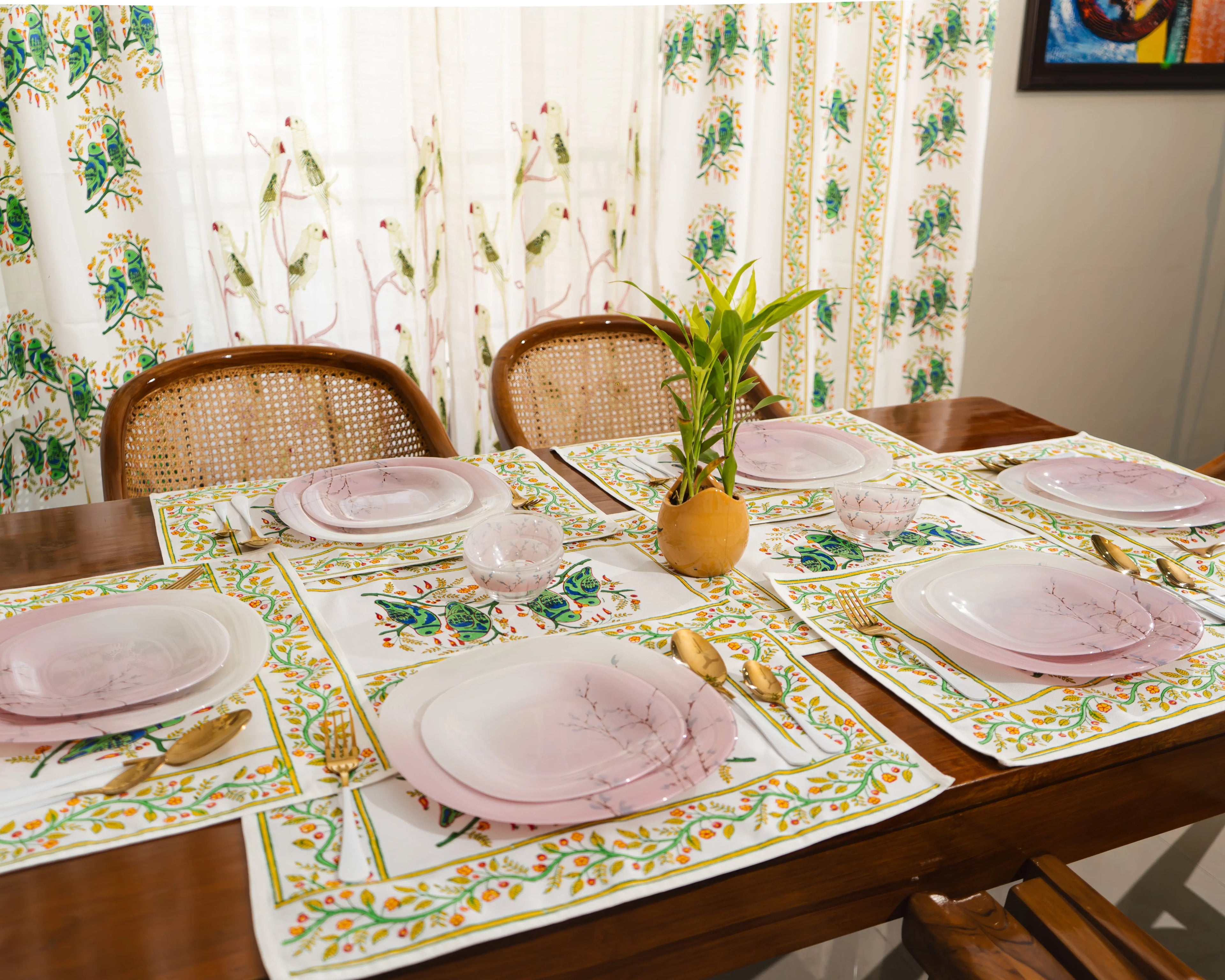 Parrot Grove – Handcrafted Jute Cotton Block Print Placemats-Jaipur Rajasthani Table Runner With Mats SUKHARA HOME and LIFESTYLE