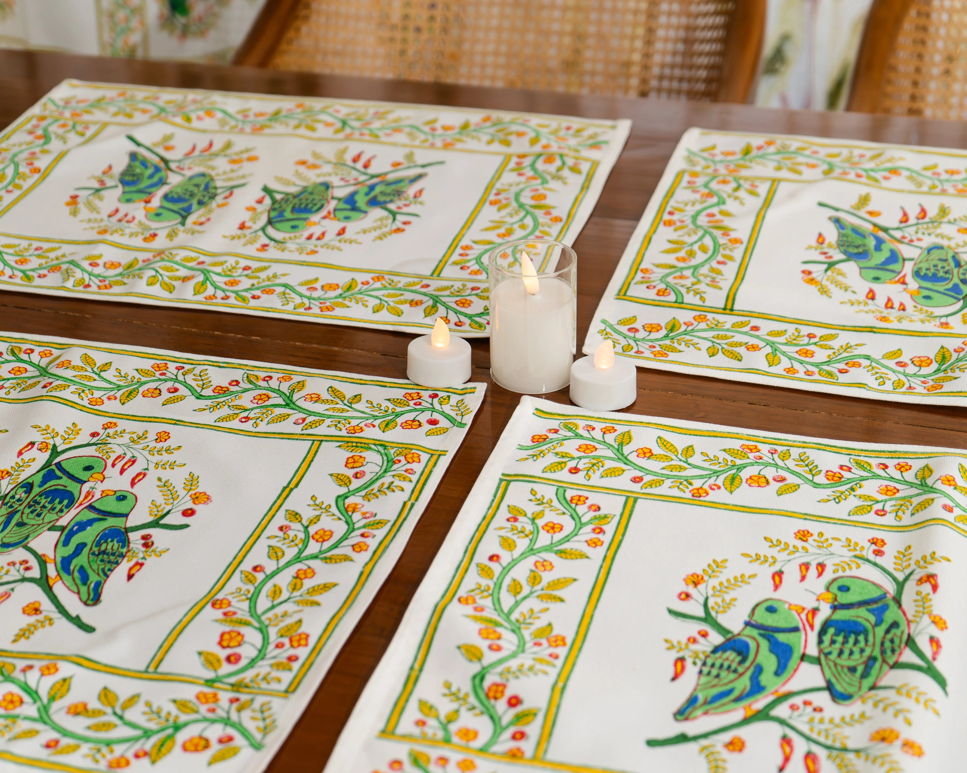 Parrot Grove – Handcrafted Jute Cotton Block Print Placemats-Jaipur Rajasthani Table Runner With Mats SUKHARA HOME and LIFESTYLE