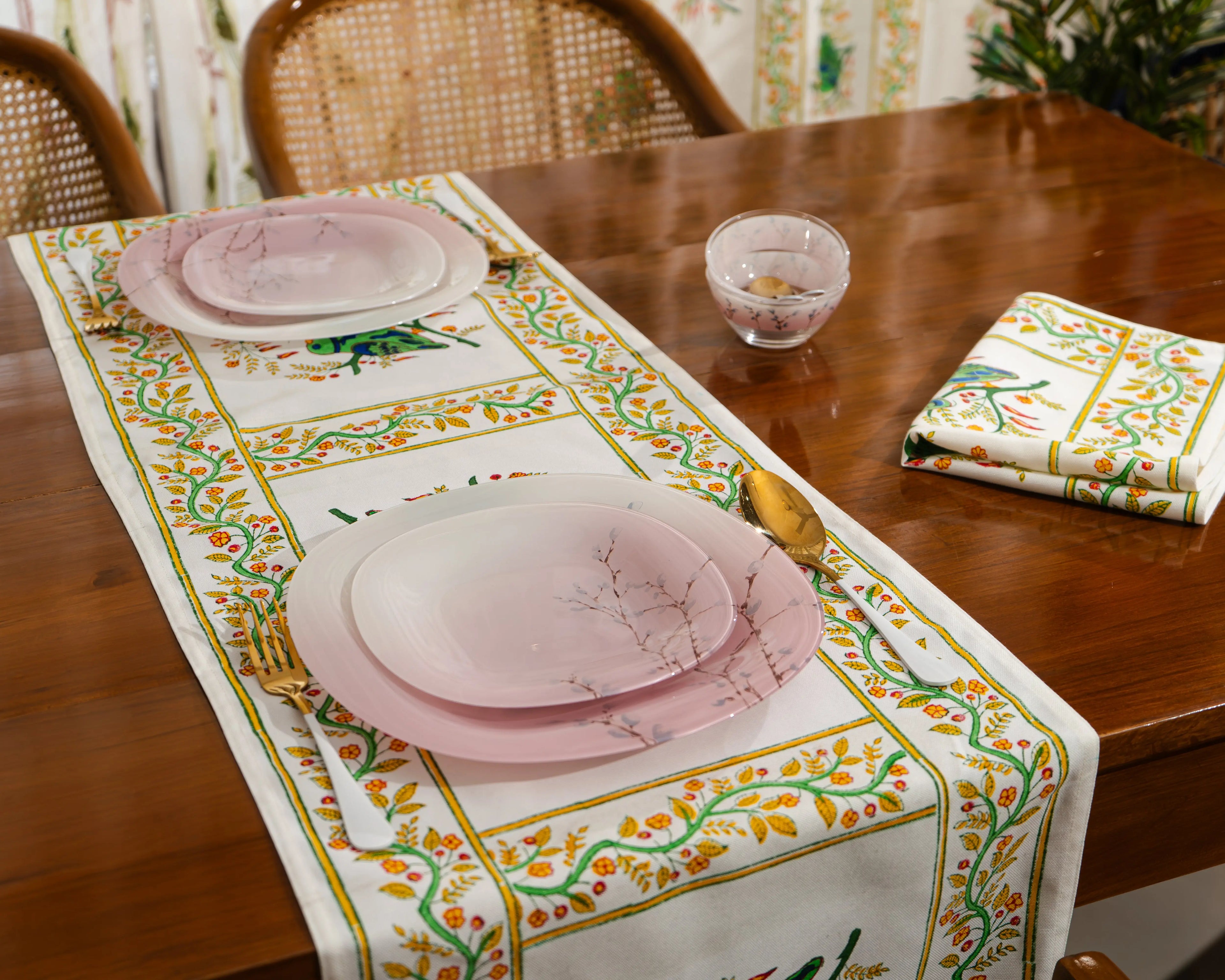 Parrot Grove – Handcrafted Jute Cotton Block Print Placemats-Jaipur Rajasthani Table Runner With Mats SUKHARA HOME and LIFESTYLE