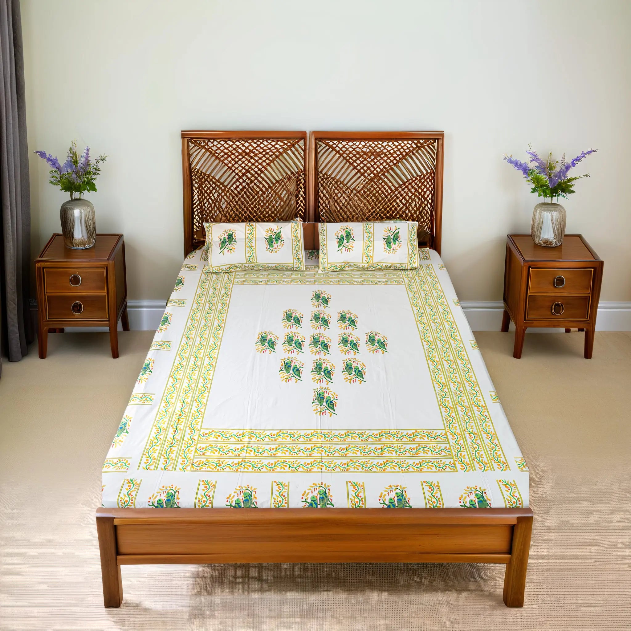 Handmade King Size Block Print Cotton Bedsheet with Parrot Motifs Sukhara