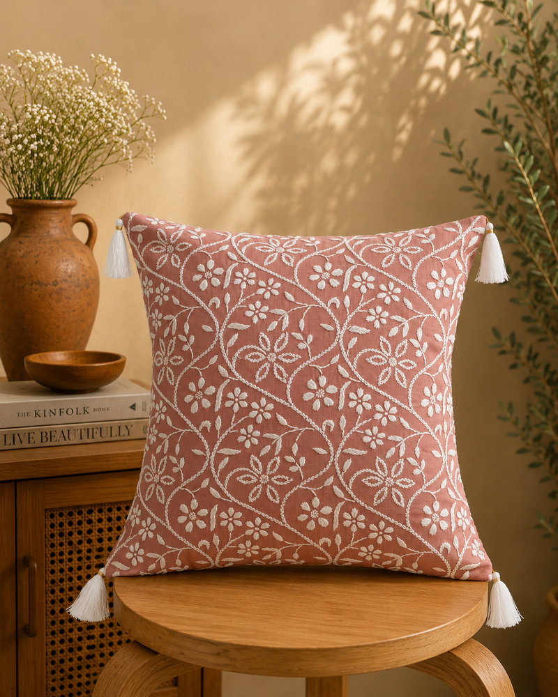 Phool Aur Patte Chikankari Cushion Cover – Hand Embroidered Cotton Cushion