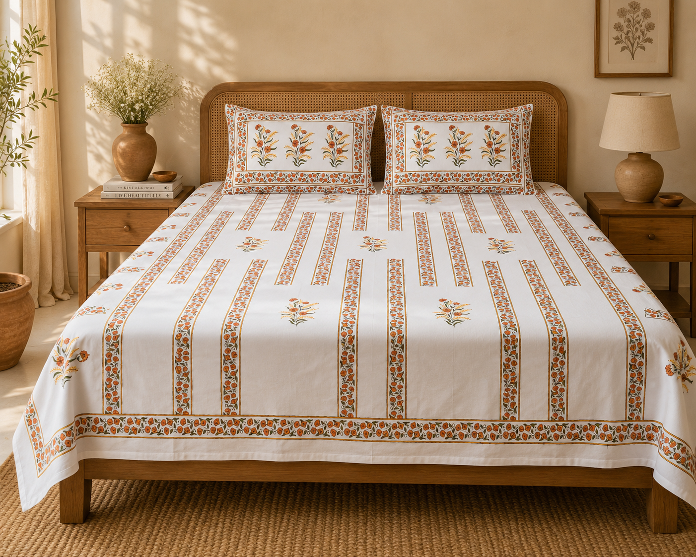 Bedding Designs – Handmade Queen Size Cotton Bedsheet with Floral Medallions