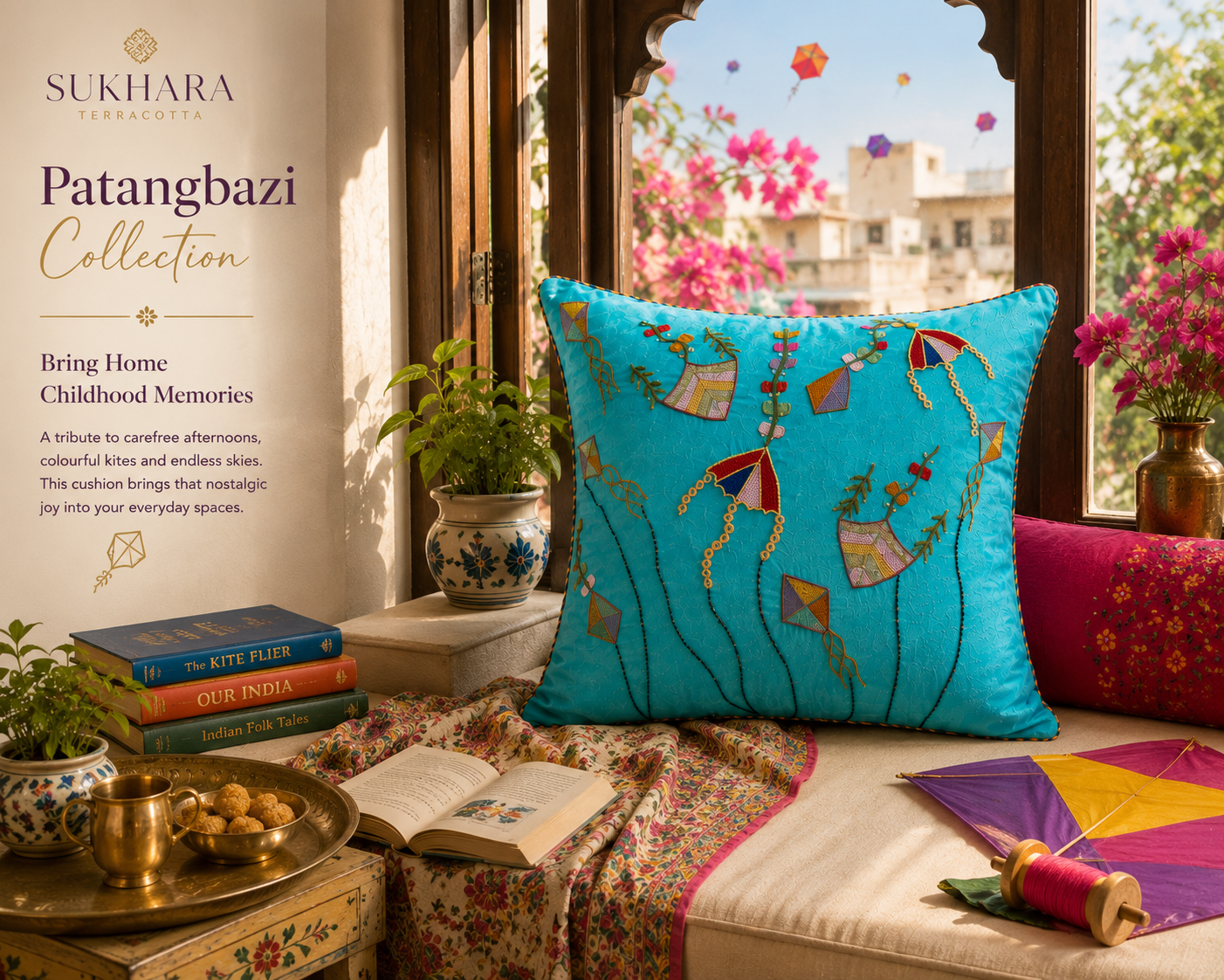 Patangbazi Zardozi Cushion Cover – Handcrafted for Sustainable Home Design