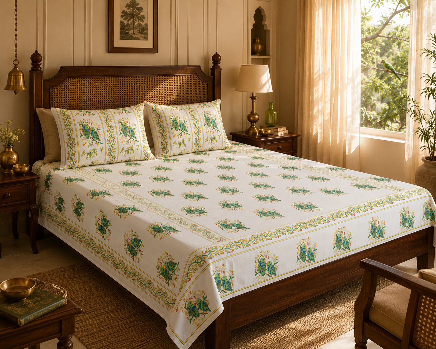 Cotton Bedsheets – Handmade Queen Size Block Print with Parrot Motifs