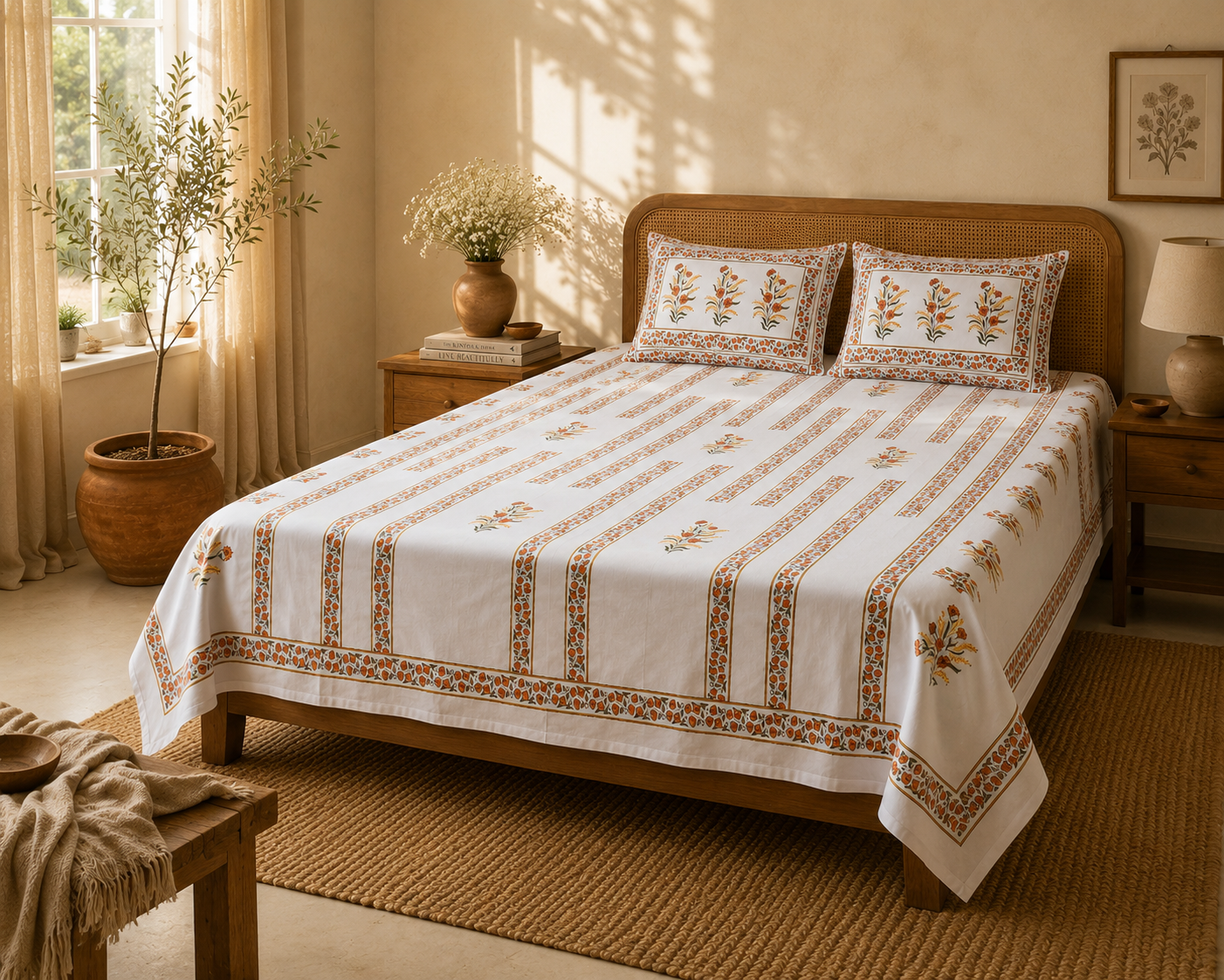 Bedding Designs – Handmade Queen Size Cotton Bedsheet with Floral Medallions